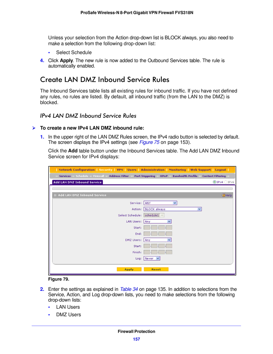 NETGEAR FVS318N manual Create LAN DMZ Inbound Service Rules, IPv4 LAN DMZ Inbound Service Rules, 157 