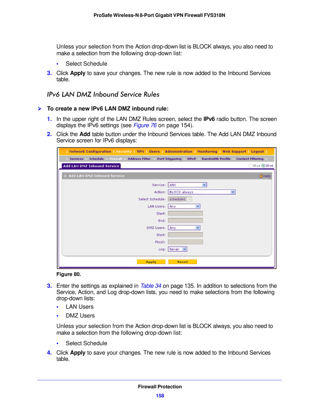 NETGEAR FVS318N manual IPv6 LAN DMZ Inbound Service Rules,  To create a new IPv6 LAN DMZ inbound rule, 158 