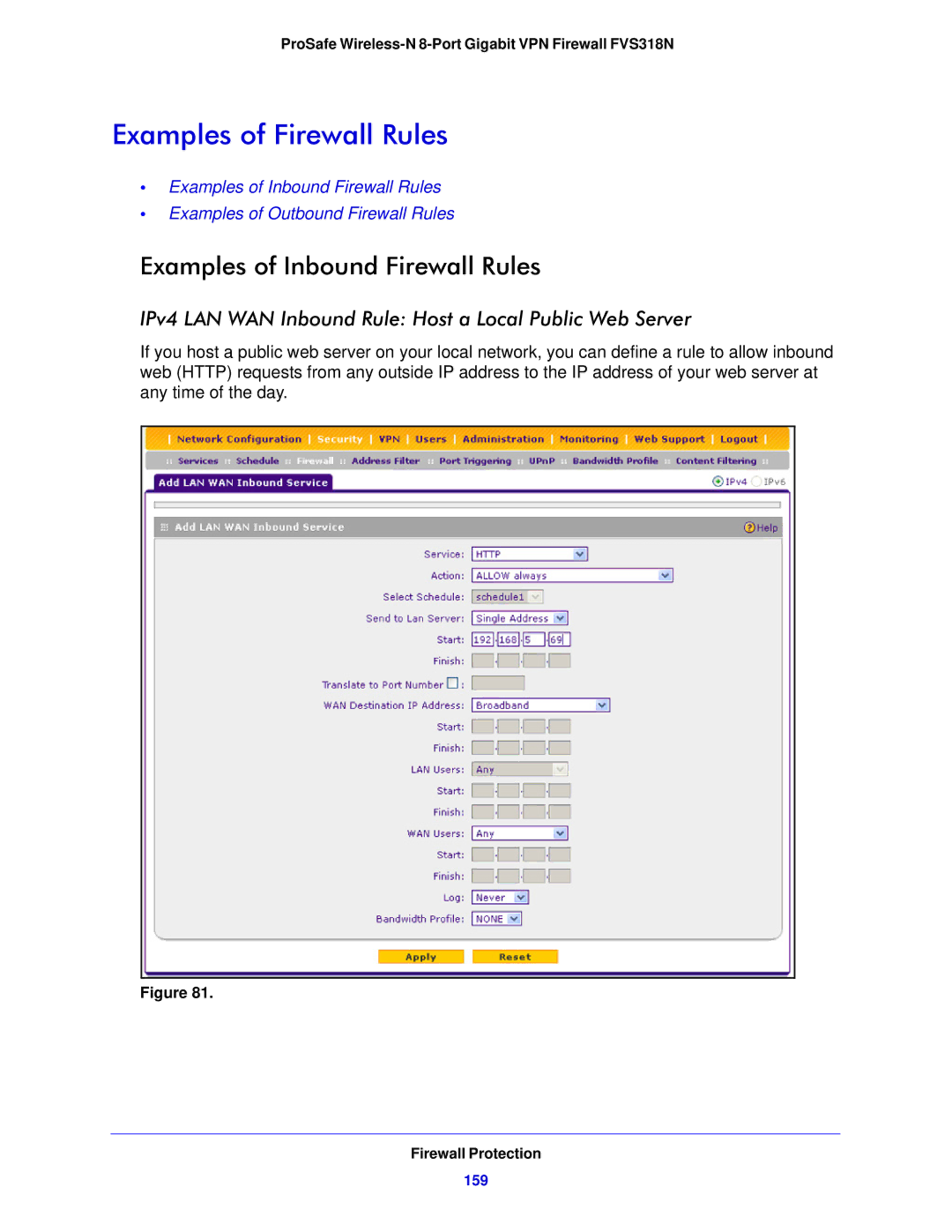 NETGEAR FVS318N manual Examples of Firewall Rules, Examples of Inbound Firewall Rules, 159 