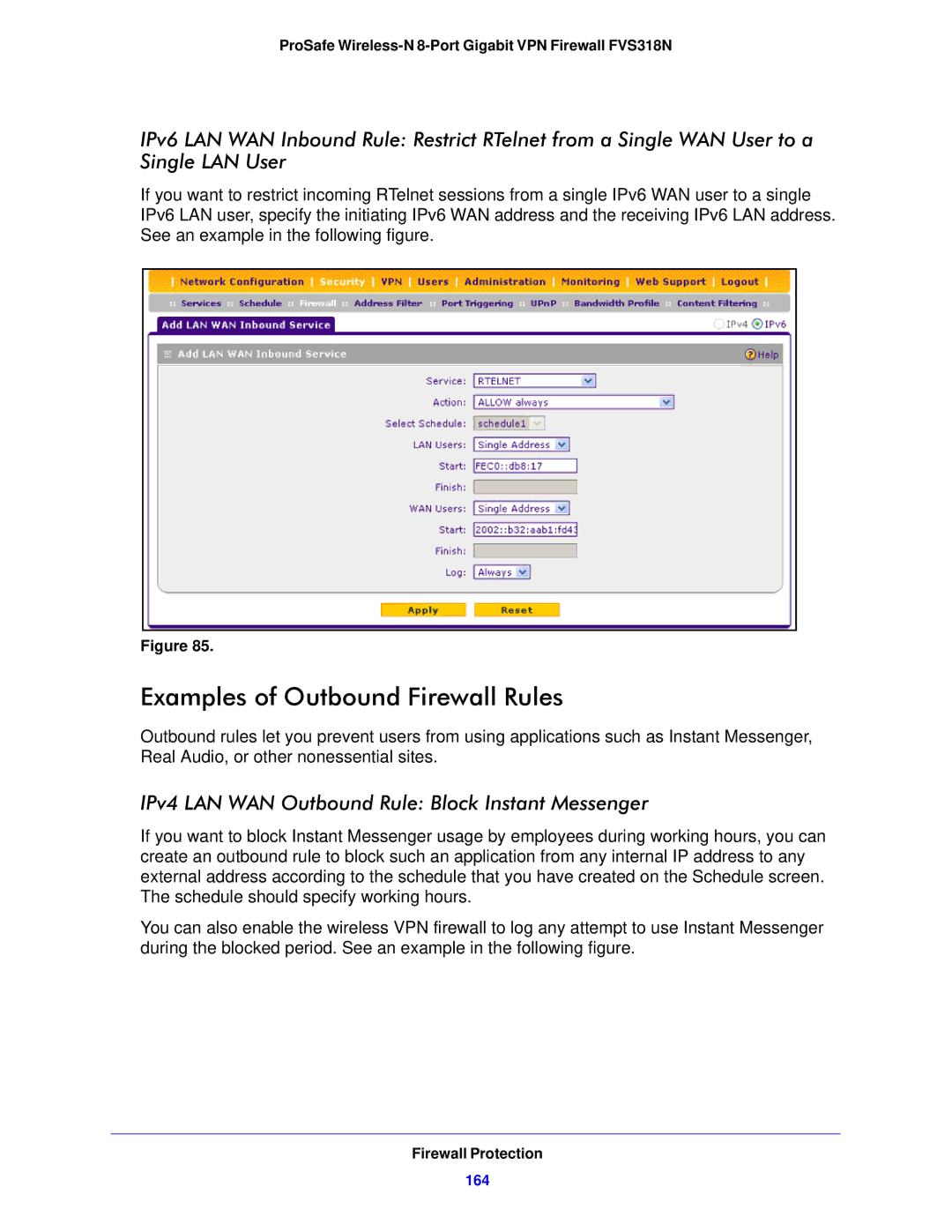 NETGEAR FVS318N manual Examples of Outbound Firewall Rules, IPv4 LAN WAN Outbound Rule Block Instant Messenger, 164 