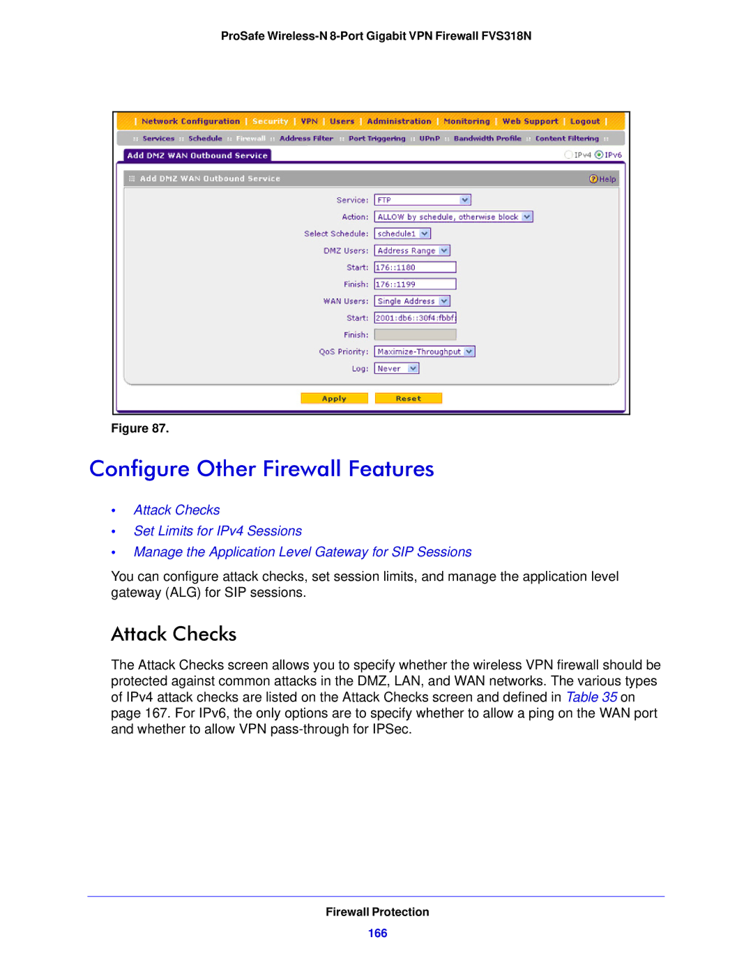 NETGEAR FVS318N manual Configure Other Firewall Features, Attack Checks, 166 