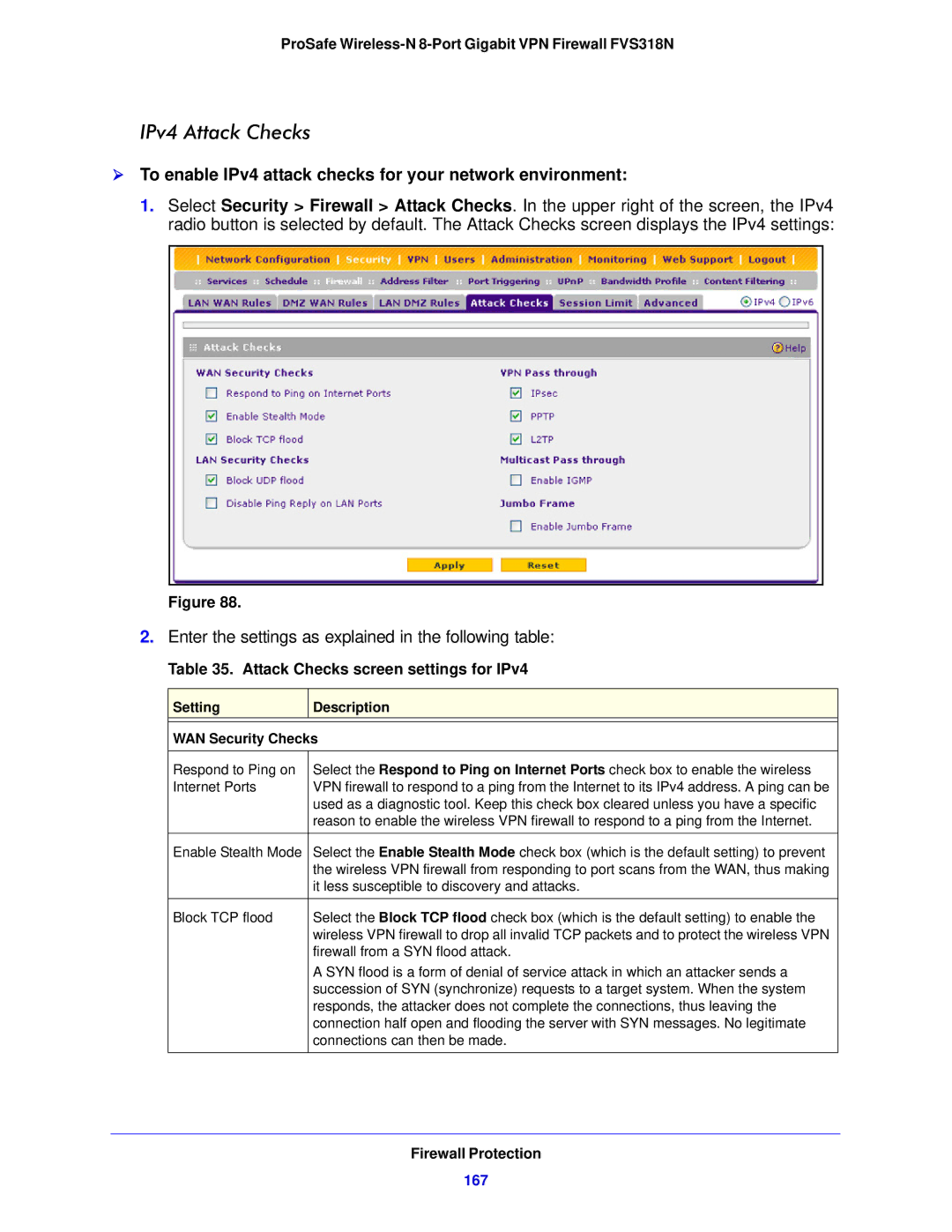 NETGEAR FVS318N manual IPv4 Attack Checks,  To enable IPv4 attack checks for your network environment, 167 