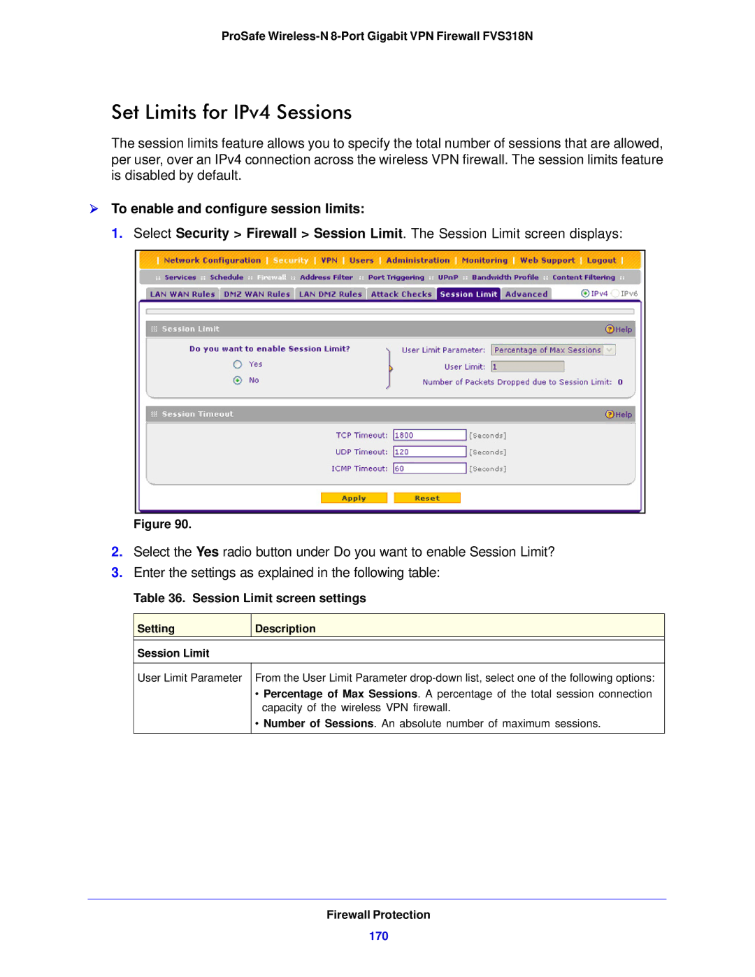 NETGEAR FVS318N Set Limits for IPv4 Sessions,  To enable and configure session limits, Session Limit screen settings, 170 