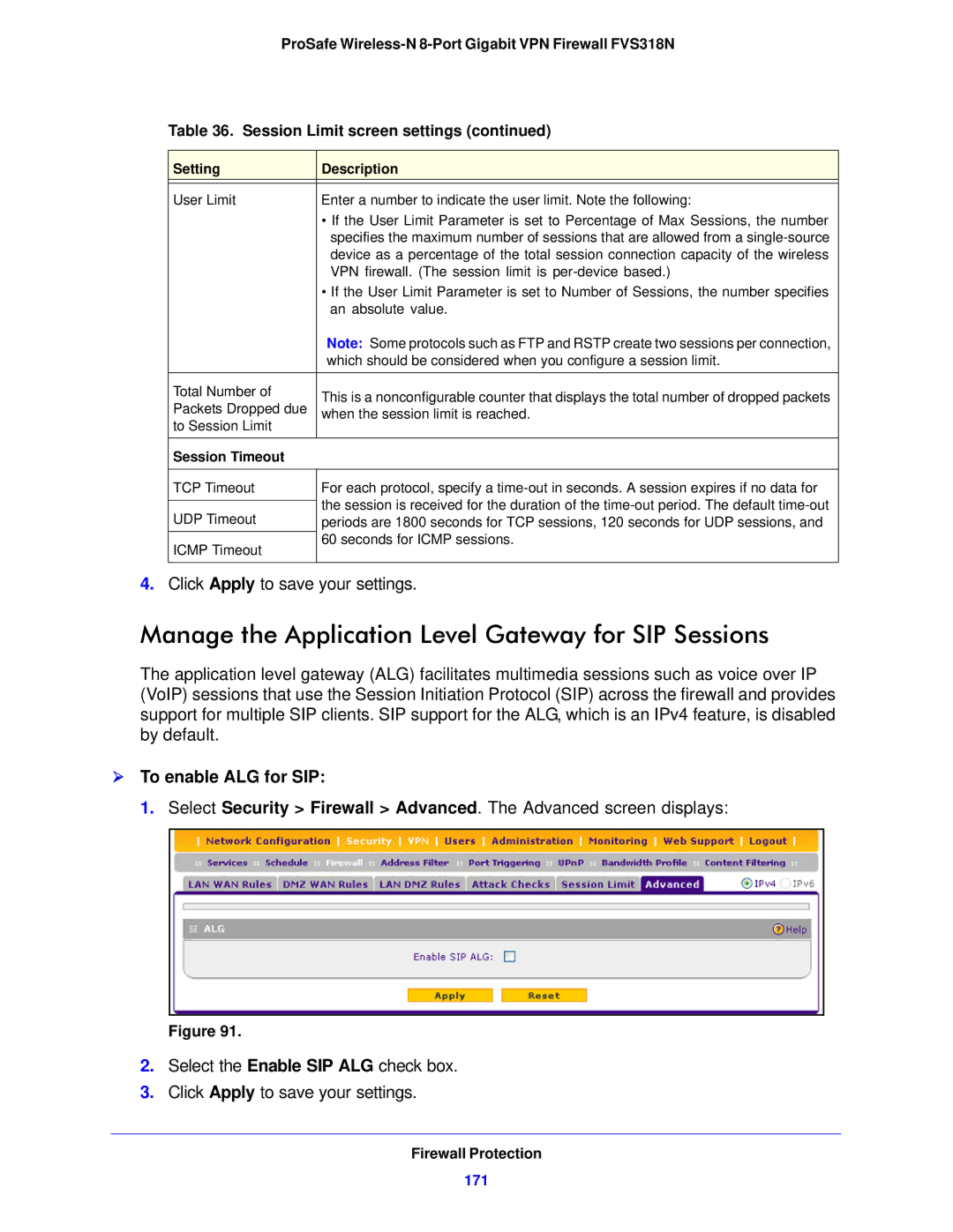 NETGEAR FVS318N manual Manage the Application Level Gateway for SIP Sessions,  To enable ALG for SIP, 171, Session Timeout 