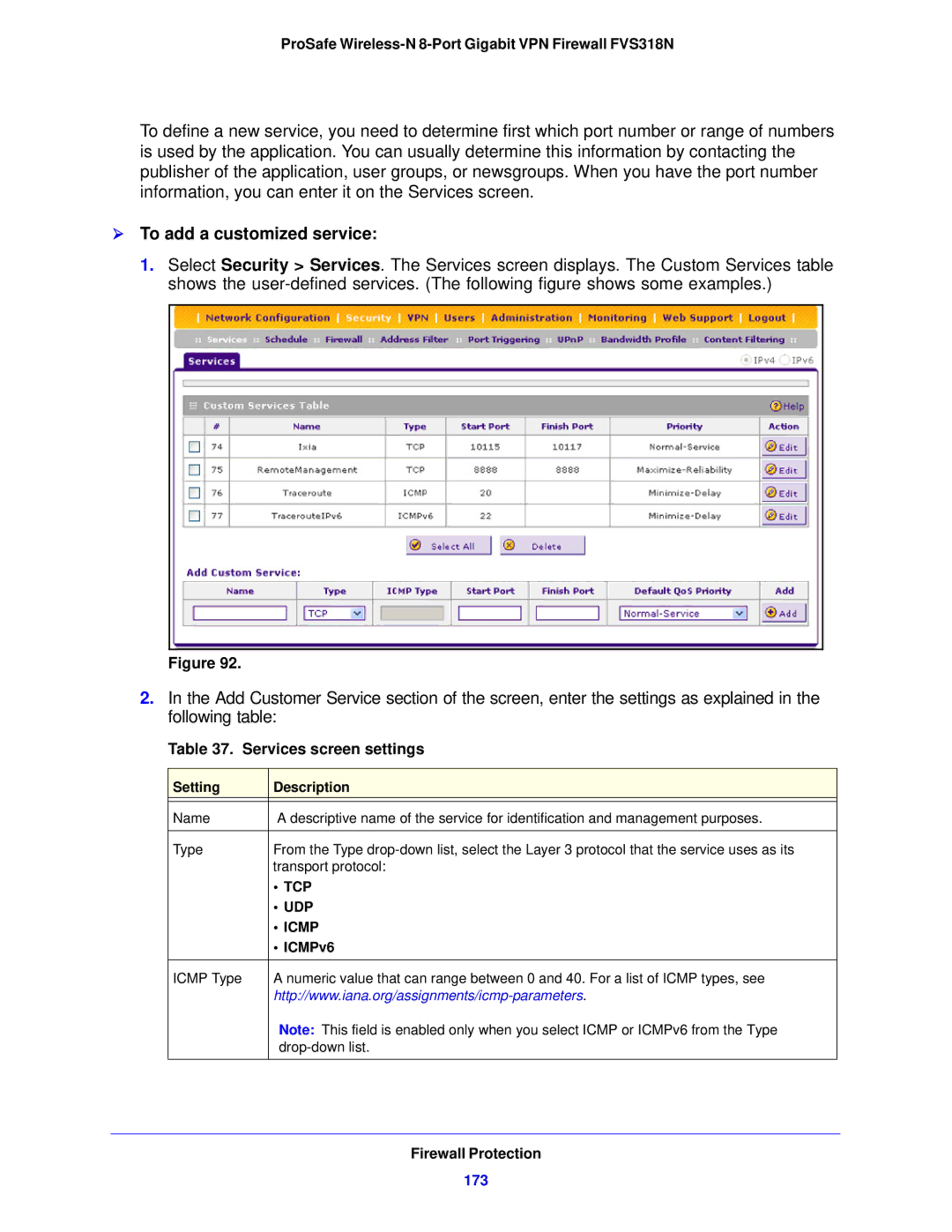 NETGEAR FVS318N manual  To add a customized service, Services screen settings, 173, ICMPv6 