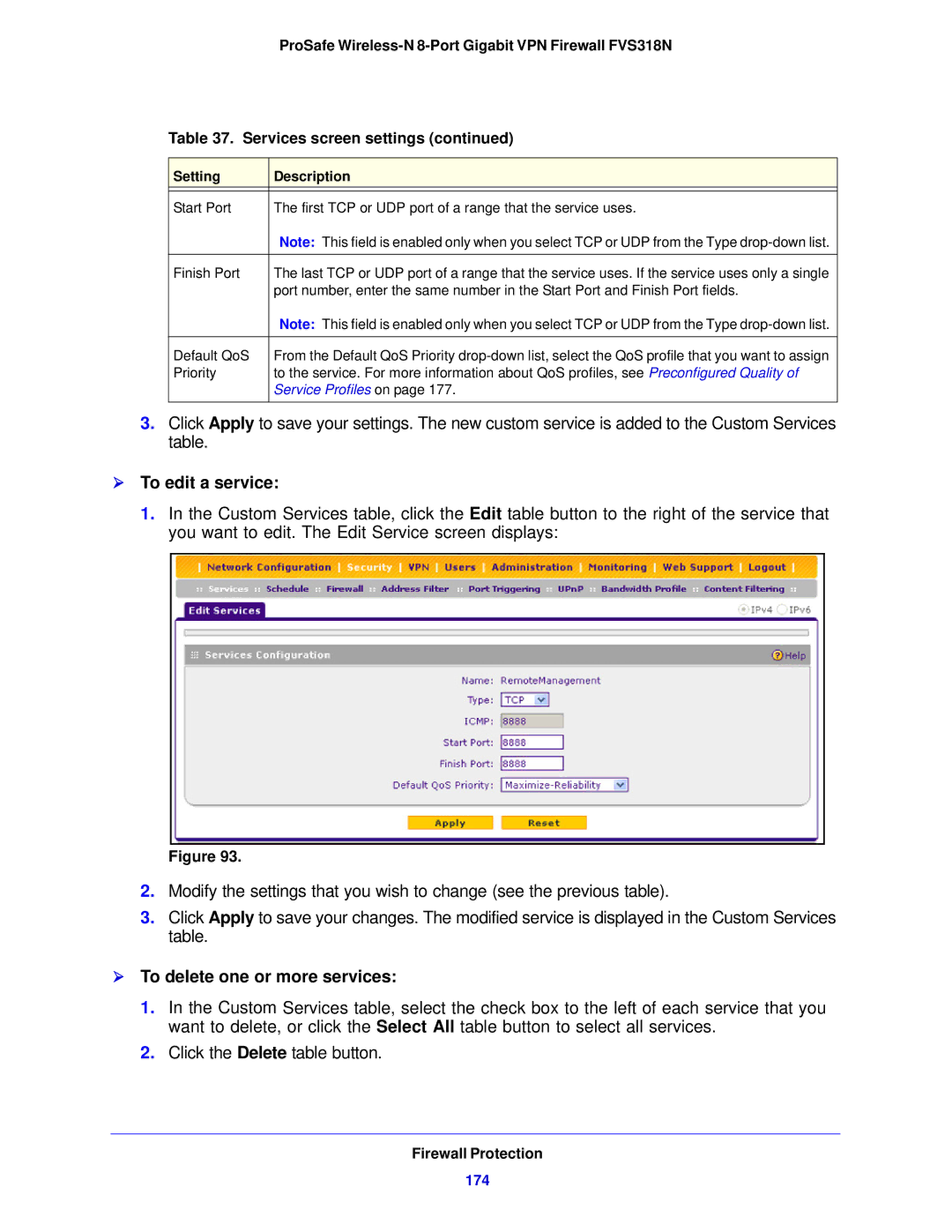 NETGEAR FVS318N manual  To edit a service,  To delete one or more services, 174, Service Profiles on 