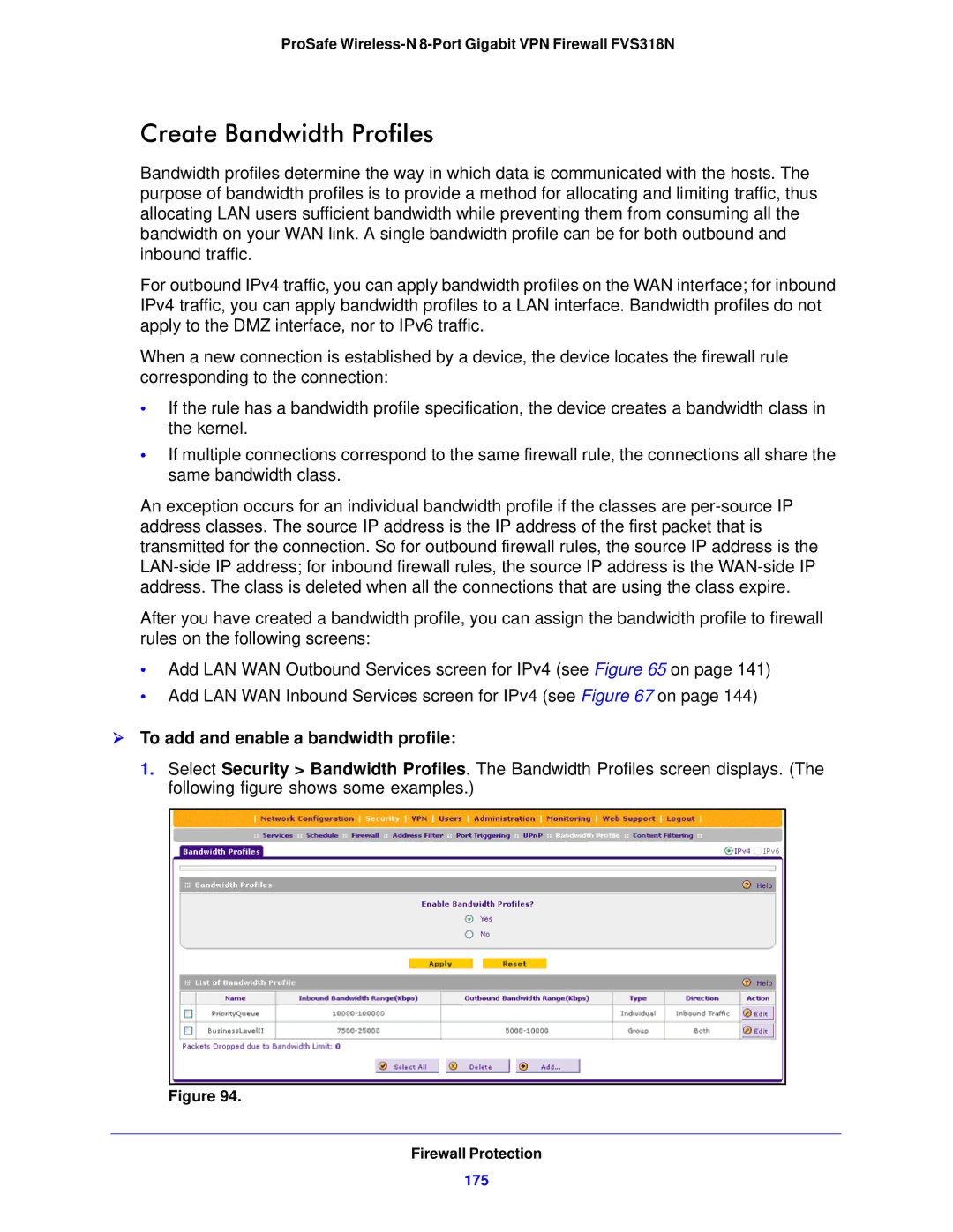 NETGEAR FVS318N manual Create Bandwidth Profiles,  To add and enable a bandwidth profile, 175 