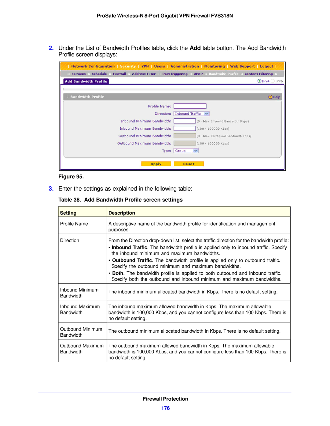 NETGEAR FVS318N manual Add Bandwidth Profile screen settings, 176 