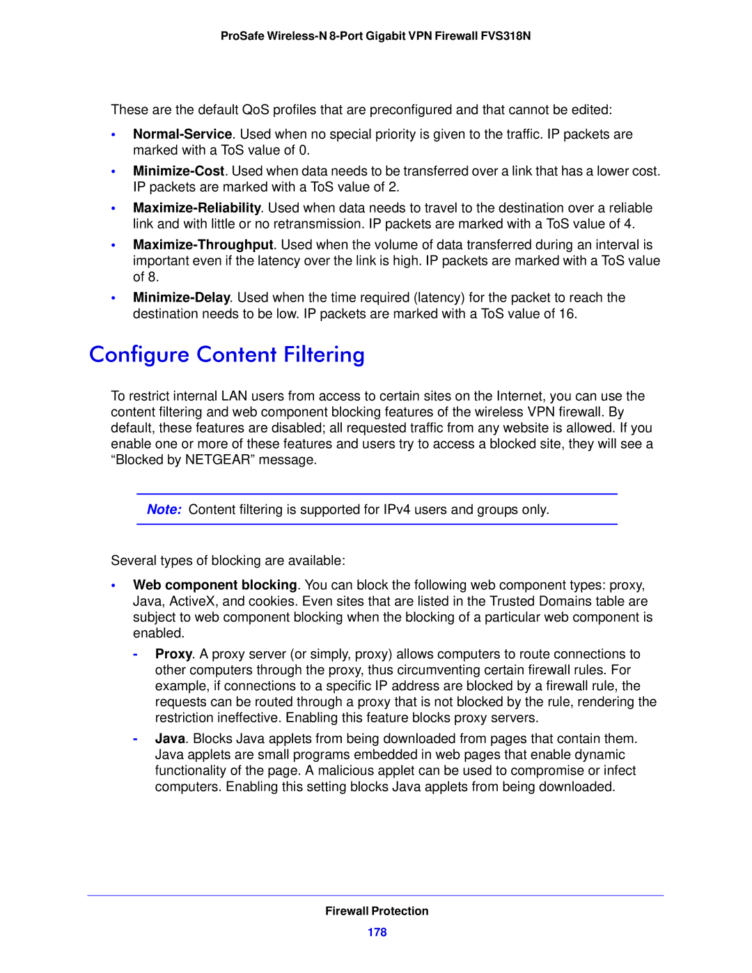 NETGEAR FVS318N manual Configure Content Filtering, 178 