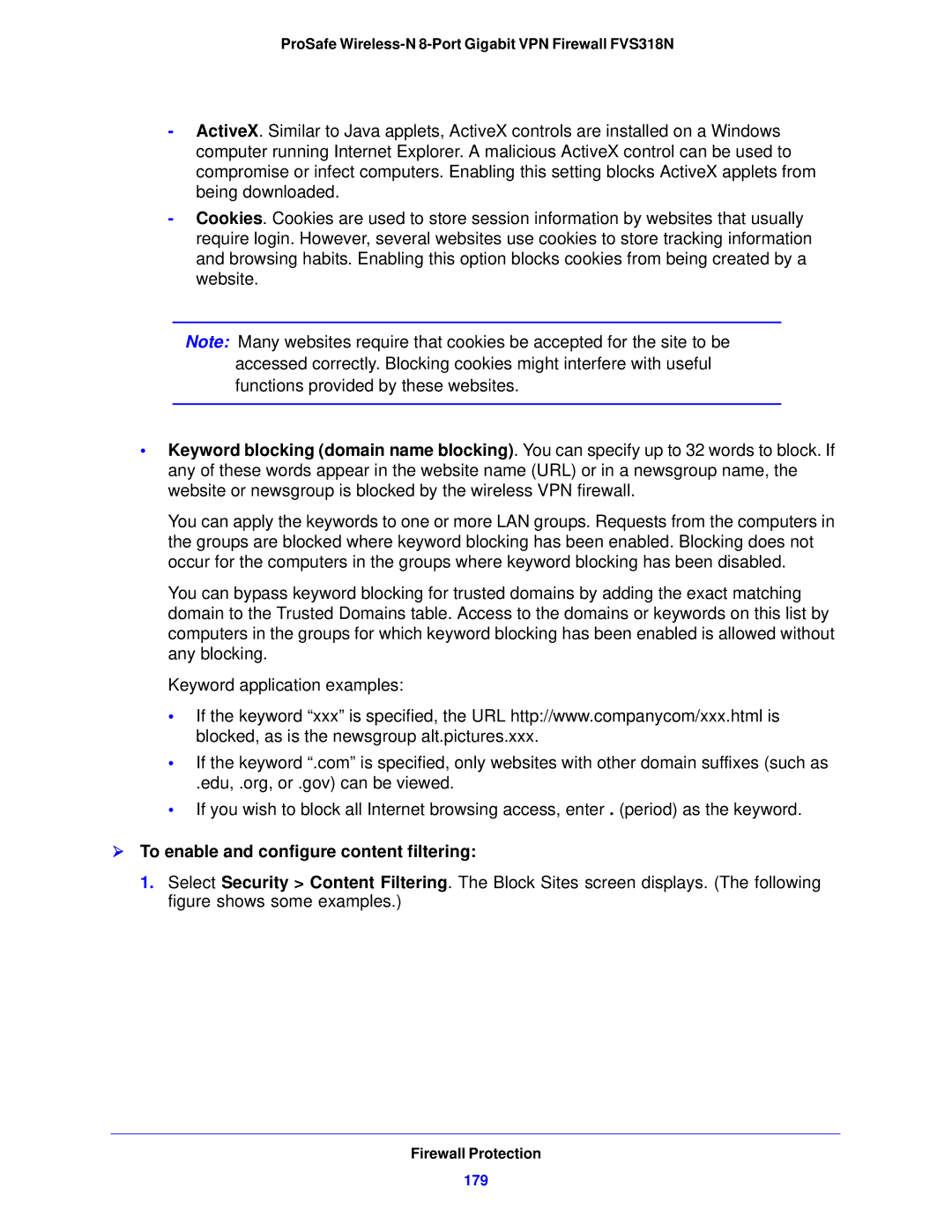 NETGEAR FVS318N manual  To enable and configure content filtering, 179 