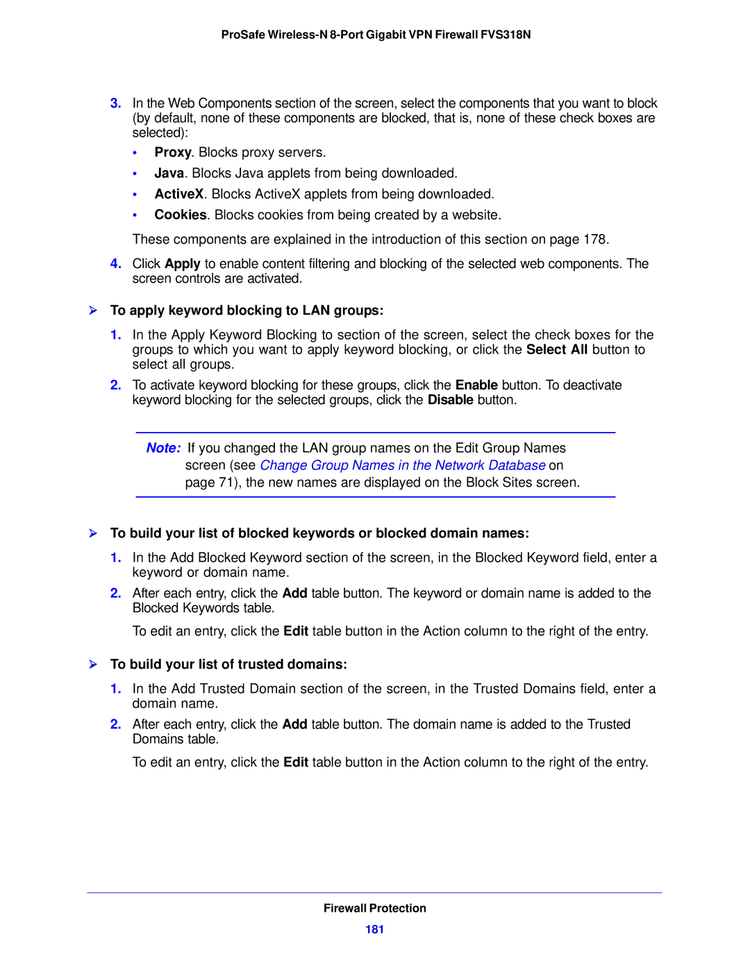 NETGEAR FVS318N manual  To apply keyword blocking to LAN groups,  To build your list of trusted domains, 181 