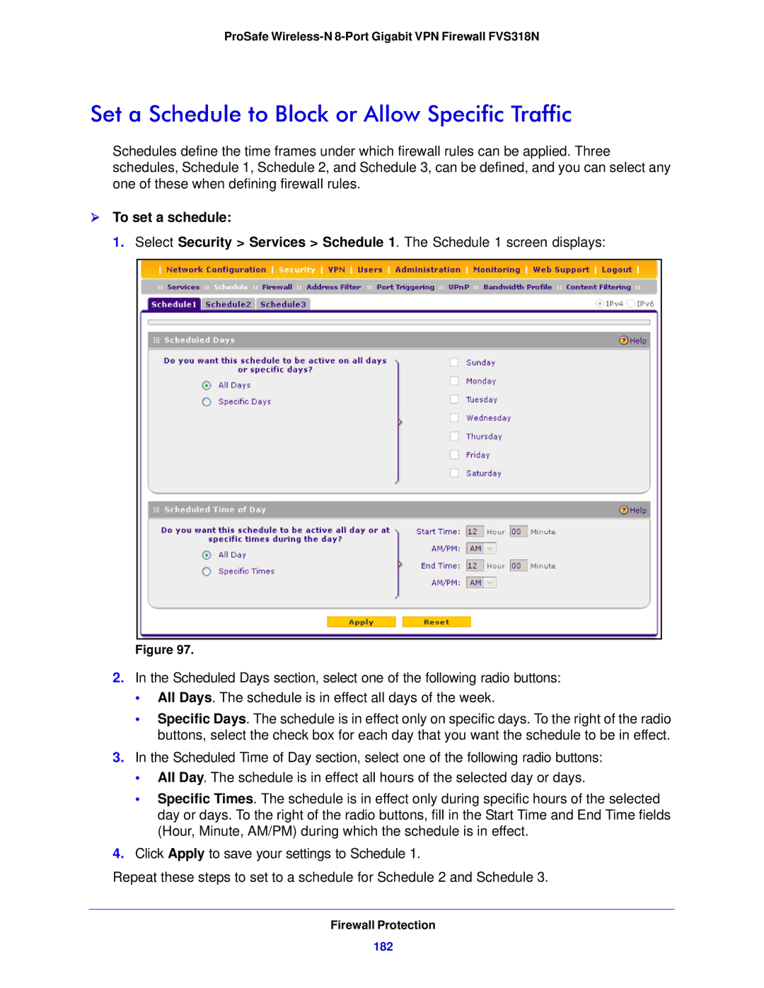 NETGEAR FVS318N manual Set a Schedule to Block or Allow Specific Traffic,  To set a schedule, 182 