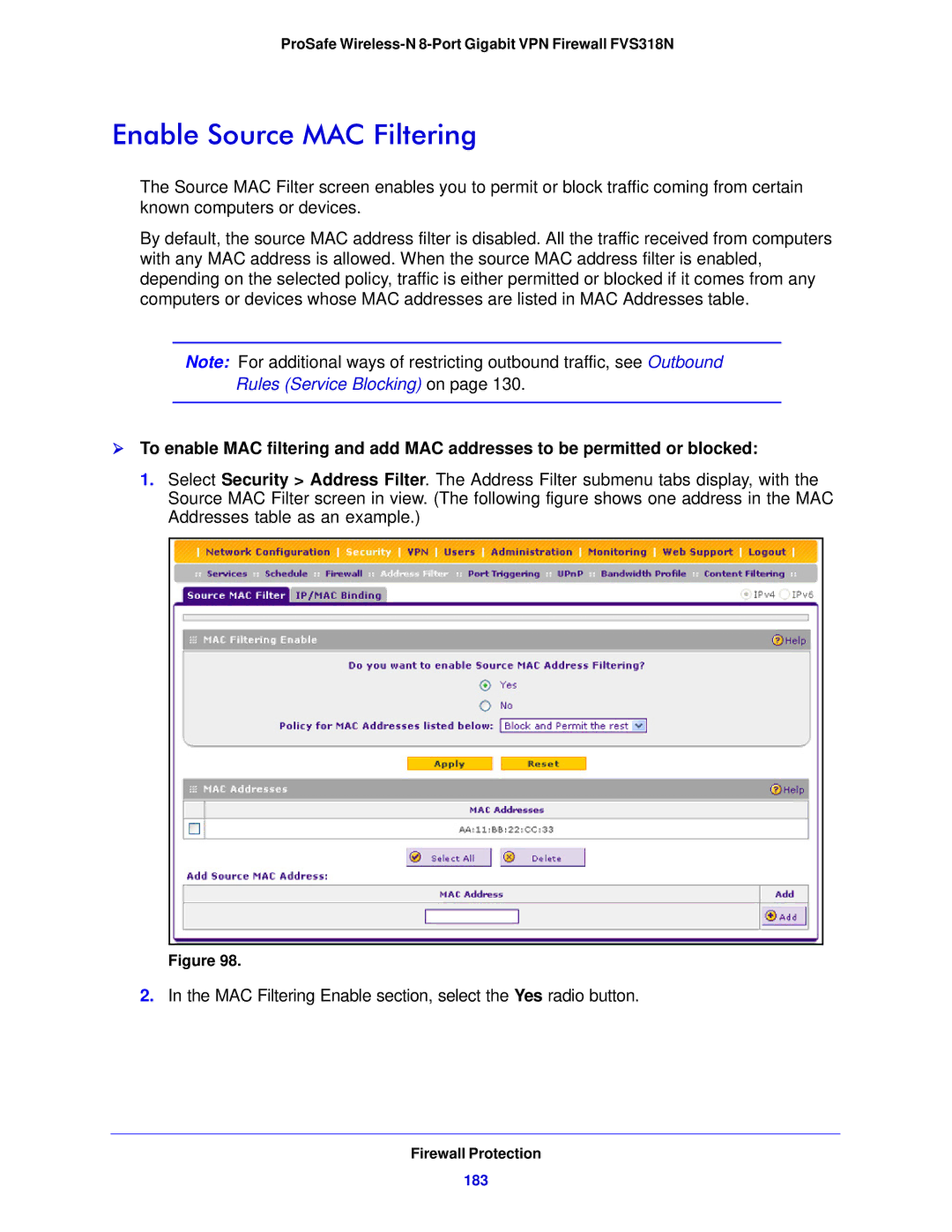 NETGEAR FVS318N manual Enable Source MAC Filtering, 183 