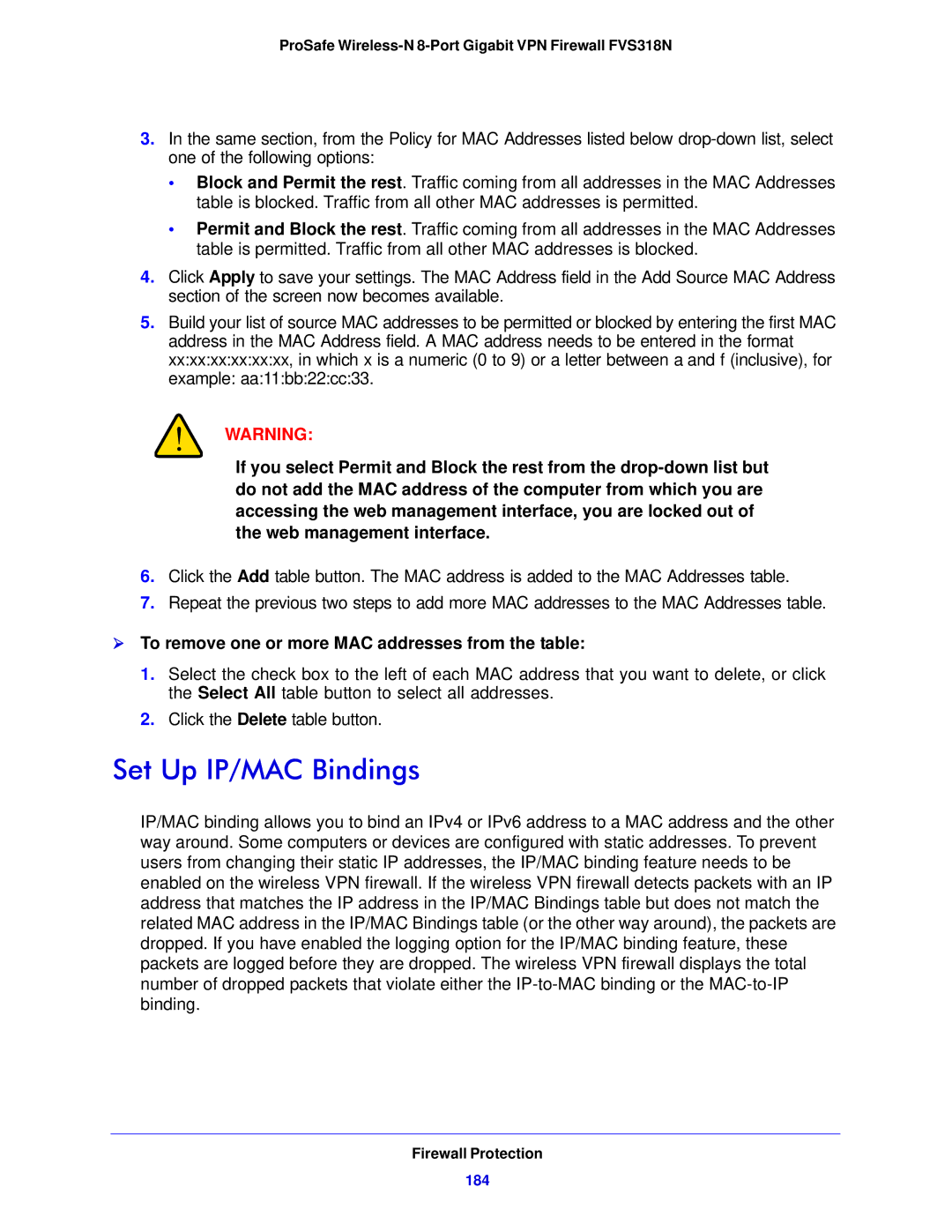 NETGEAR FVS318N manual Set Up IP/MAC Bindings, 184 