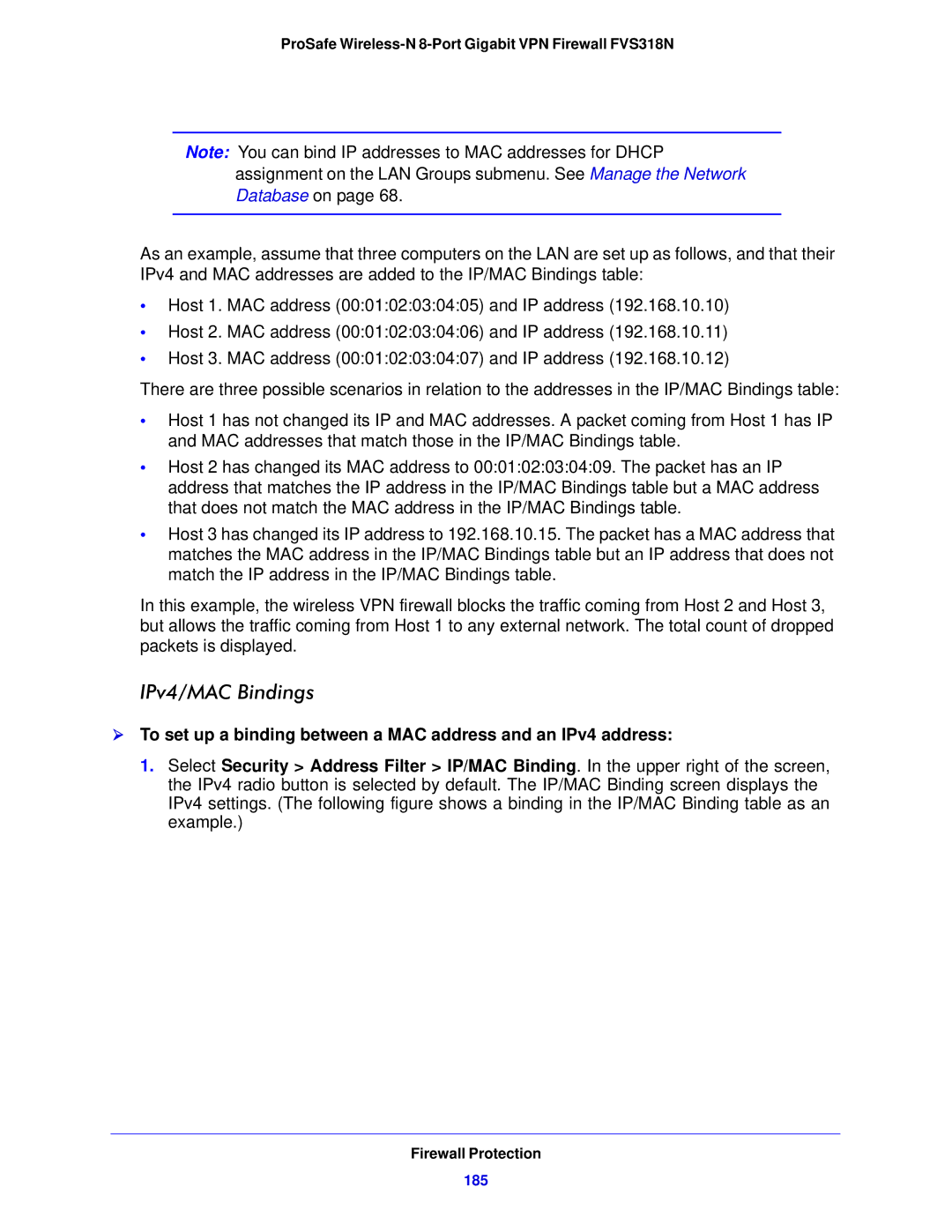 NETGEAR FVS318N manual IPv4/MAC Bindings, 185 