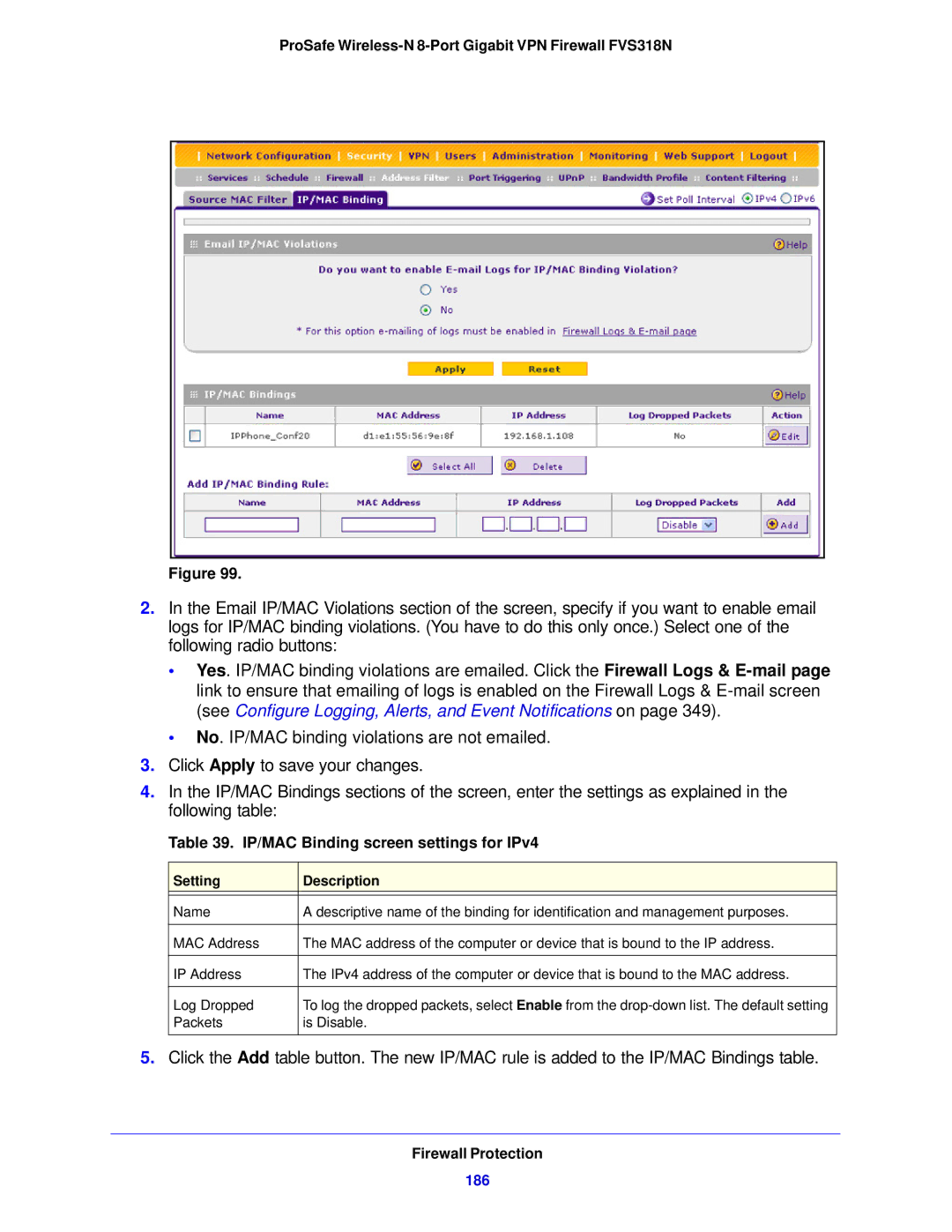 NETGEAR FVS318N manual IP/MAC Binding screen settings for IPv4, 186 