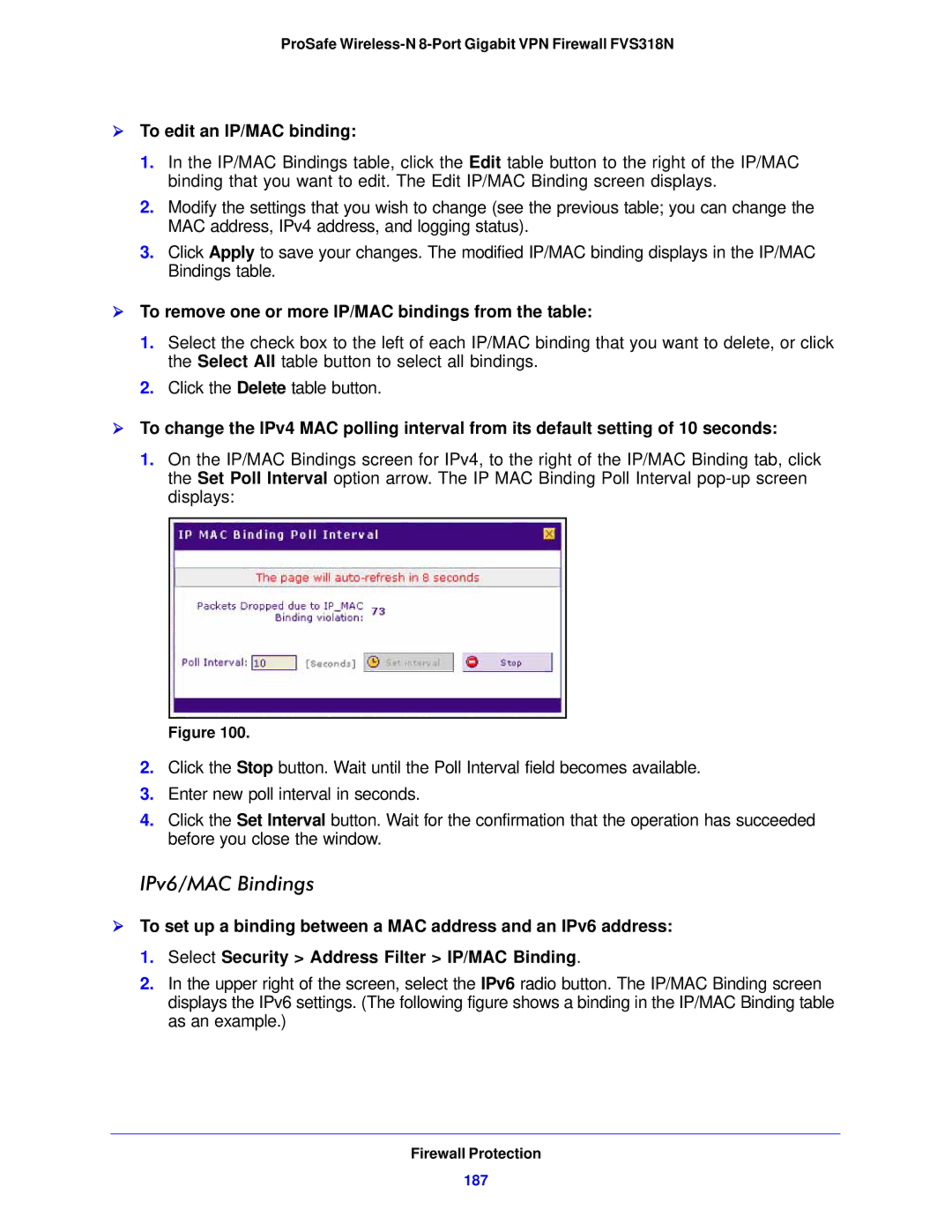 NETGEAR FVS318N IPv6/MAC Bindings,  To edit an IP/MAC binding,  To remove one or more IP/MAC bindings from the table 