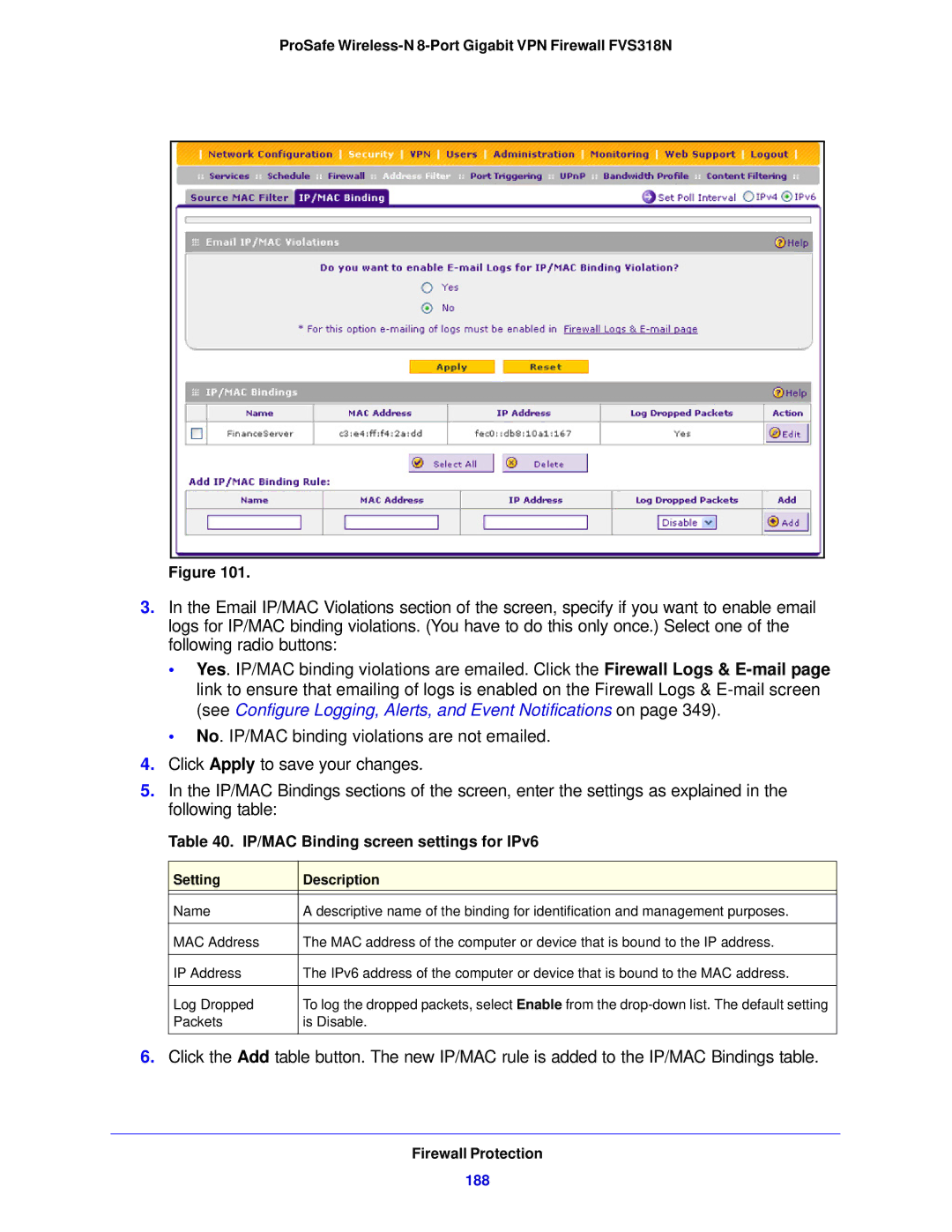 NETGEAR FVS318N manual IP/MAC Binding screen settings for IPv6, 188 