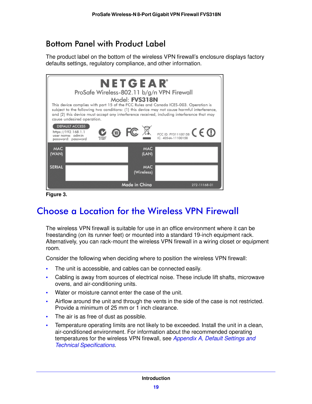 NETGEAR FVS318N manual Choose a Location for the Wireless VPN Firewall, Bottom Panel with Product Label 