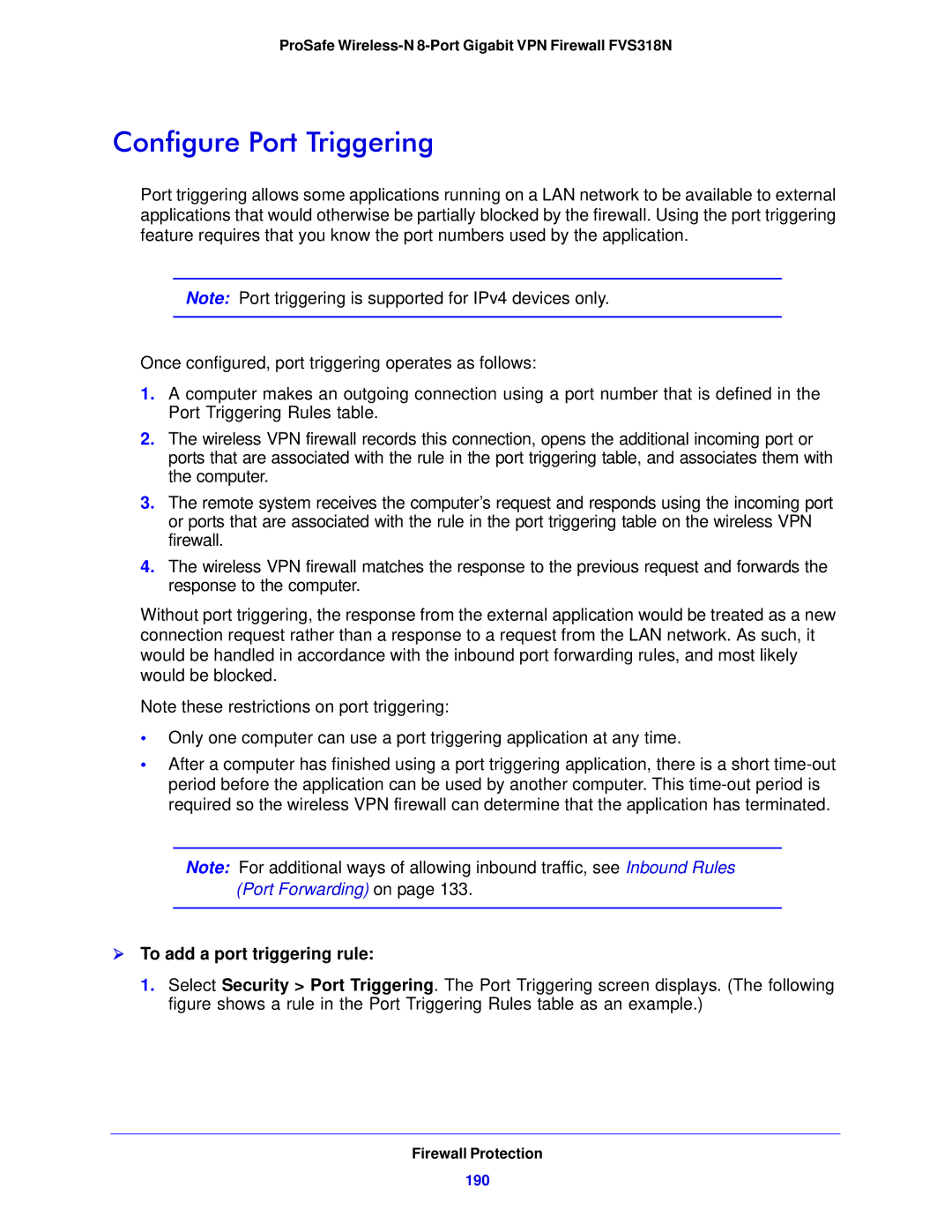 NETGEAR FVS318N manual Configure Port Triggering,  To add a port triggering rule, 190 