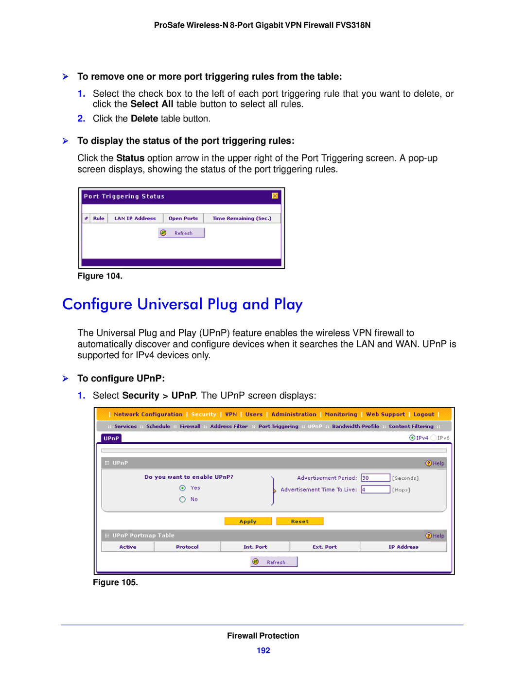 NETGEAR FVS318N manual Configure Universal Plug and Play,  To display the status of the port triggering rules, 192 