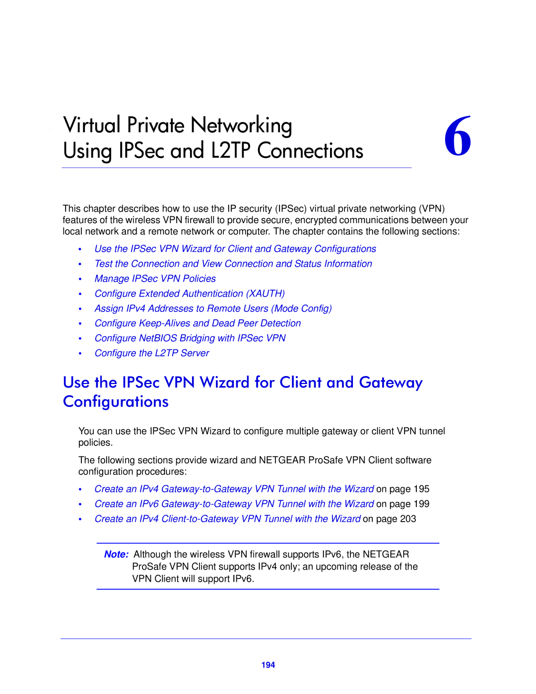 NETGEAR FVS318N manual Virtual Private Networking Using IPSec and L2TP Connections, 194 