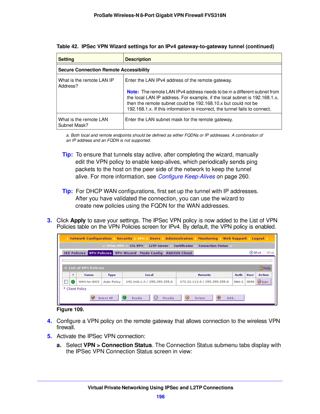 NETGEAR FVS318N manual 198, Setting Description Secure Connection Remote Accessibility 