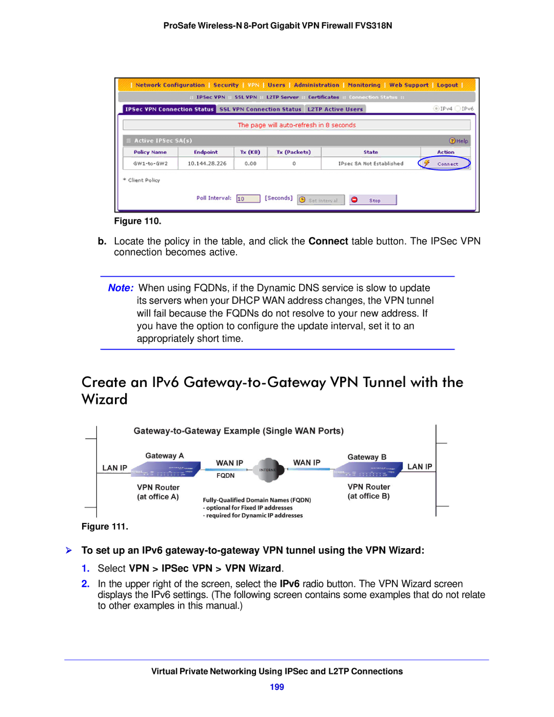 NETGEAR FVS318N manual Create an IPv6 Gateway-to-Gateway VPN Tunnel with the Wizard, 199 