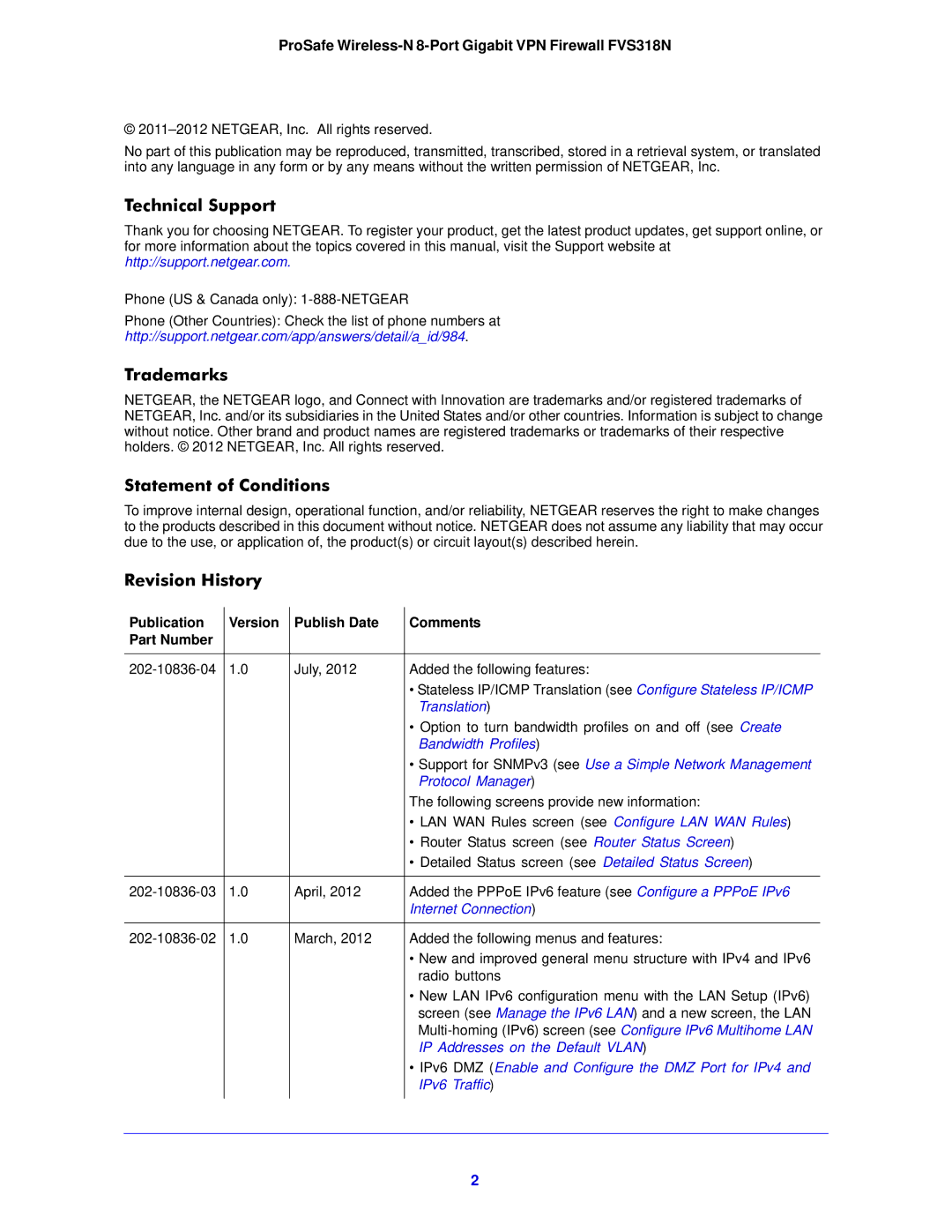 NETGEAR FVS318N manual Technical Support, Trademarks, Statement of Conditions, Revision History 