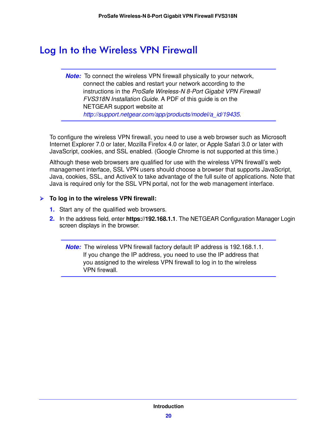 NETGEAR FVS318N manual Log In to the Wireless VPN Firewall,  To log in to the wireless VPN firewall 