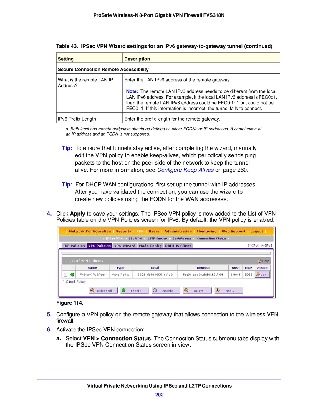 NETGEAR FVS318N manual 202, Setting Description Secure Connection Remote Accessibility 