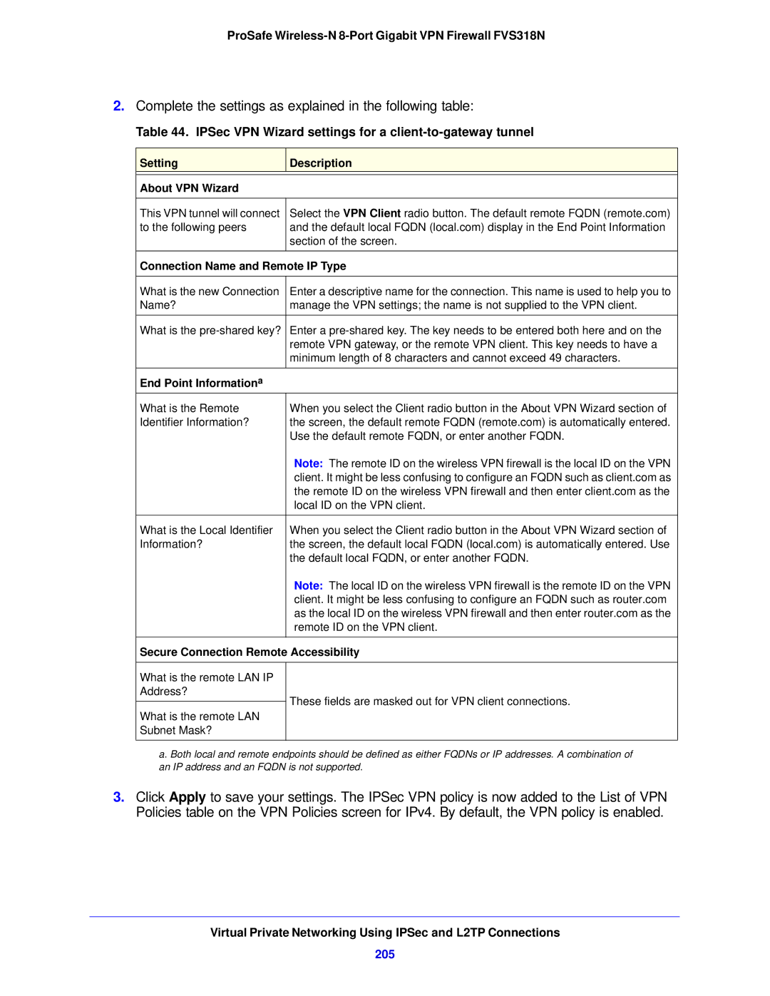 NETGEAR FVS318N manual IPSec VPN Wizard settings for a client-to-gateway tunnel, 205 