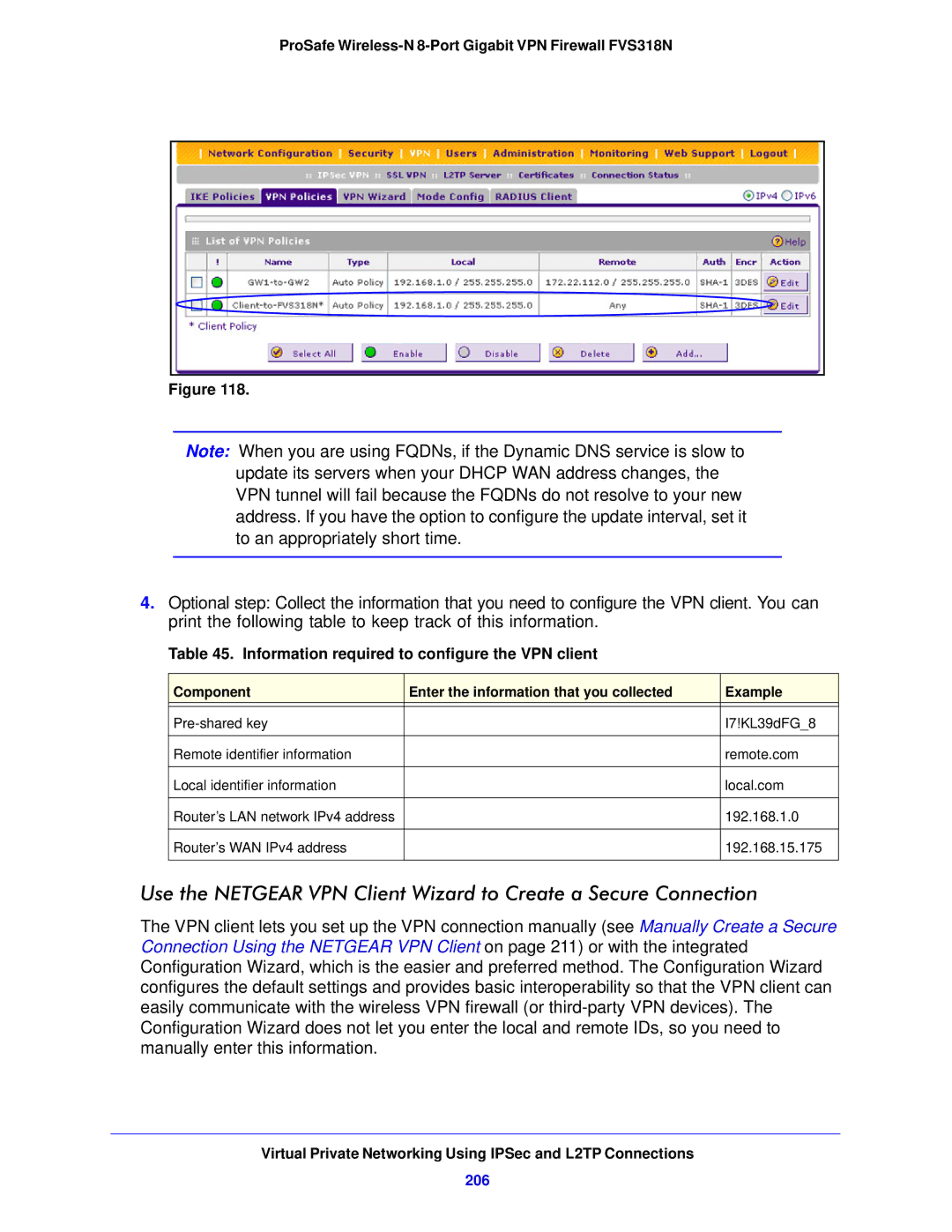 NETGEAR FVS318N manual Information required to configure the VPN client, 206 