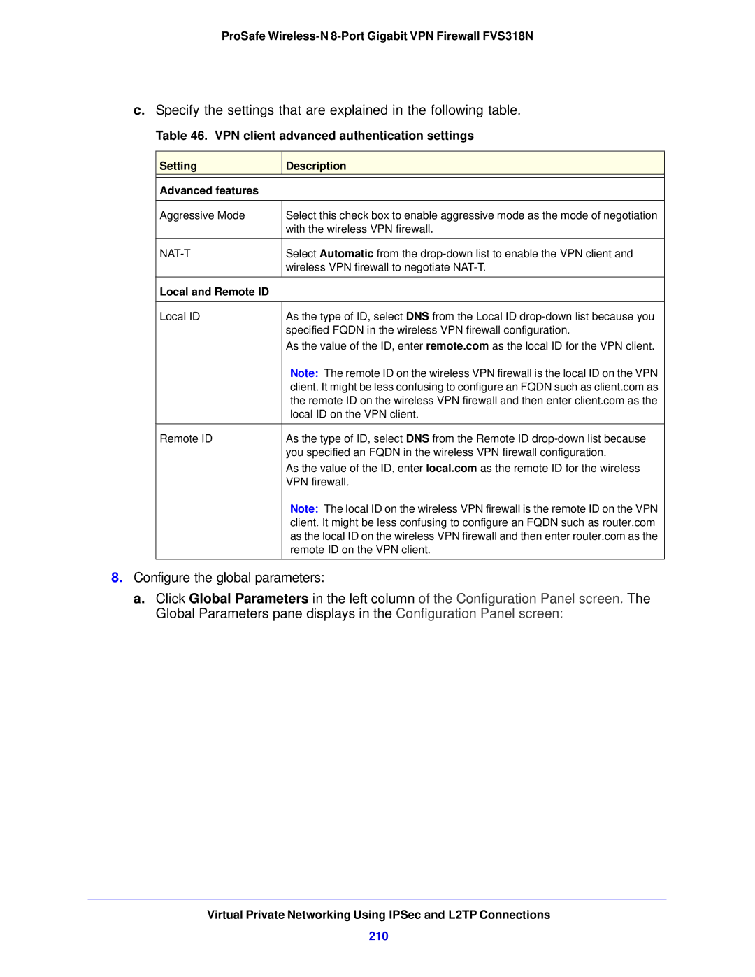 NETGEAR FVS318N manual VPN client advanced authentication settings, 210, Setting Description Advanced features, Nat-T 