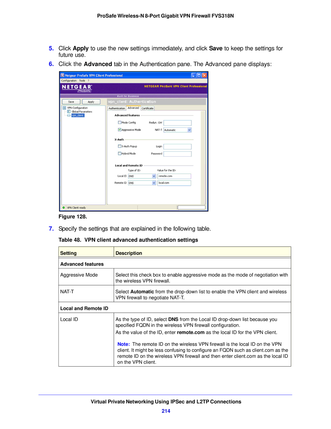 NETGEAR FVS318N manual VPN client advanced authentication settings, 214 