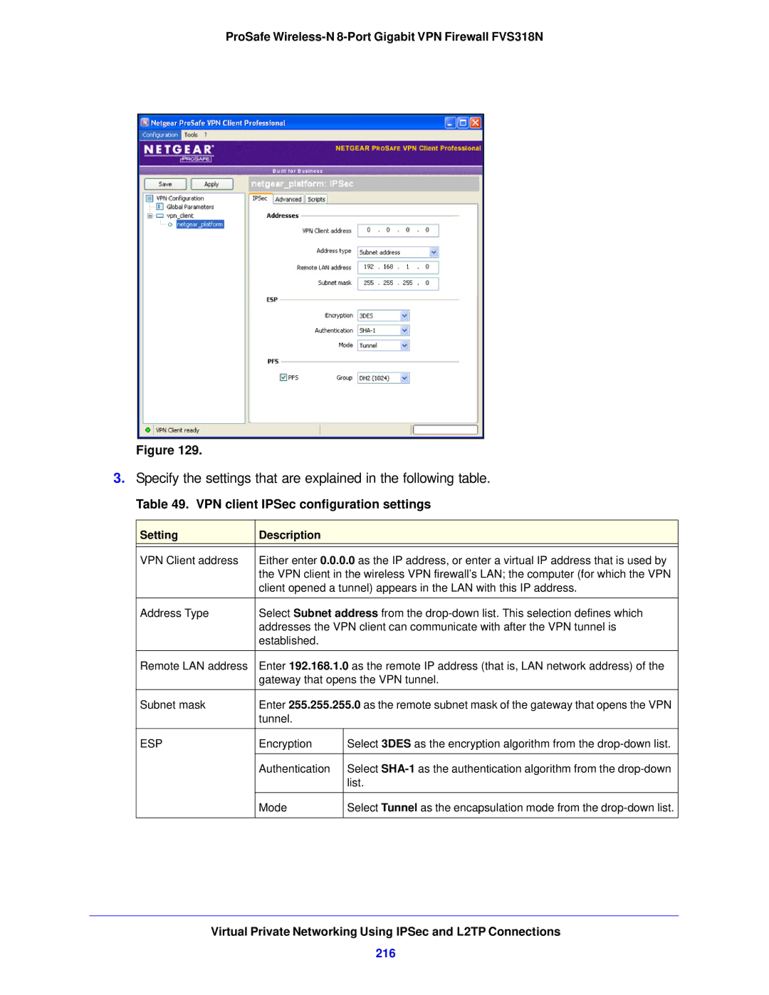 NETGEAR FVS318N manual VPN client IPSec configuration settings, 216, Esp 