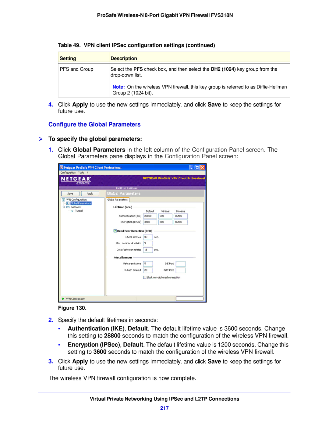 NETGEAR FVS318N manual  To specify the global parameters, 217 