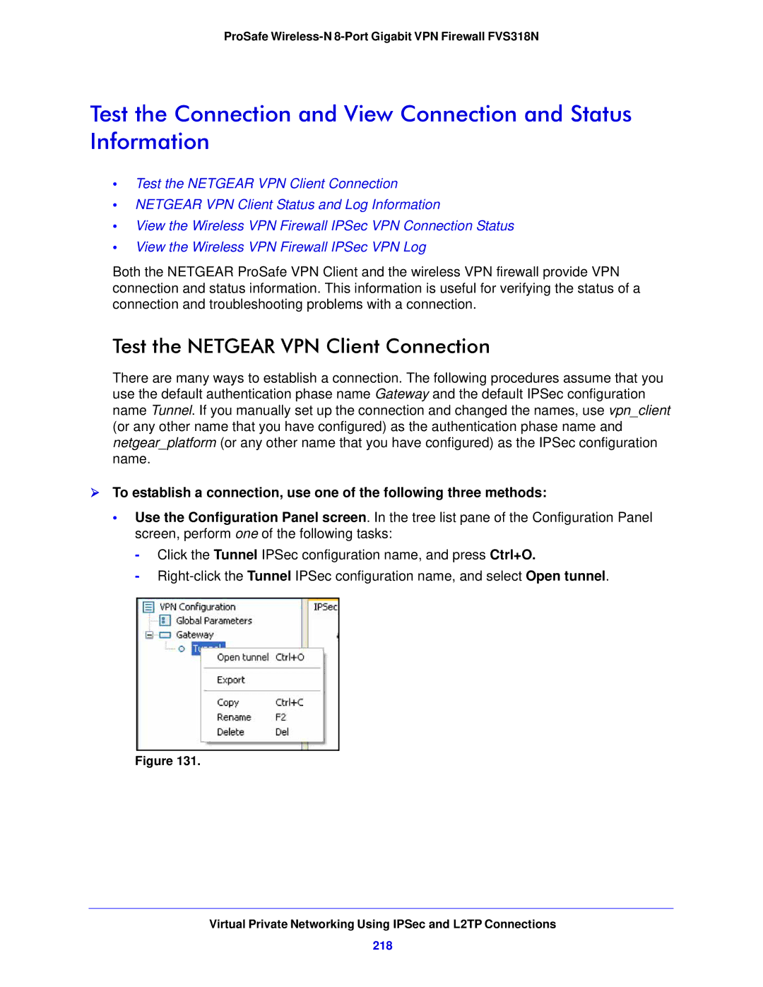 NETGEAR FVS318N manual Test the Netgear VPN Client Connection, 218 