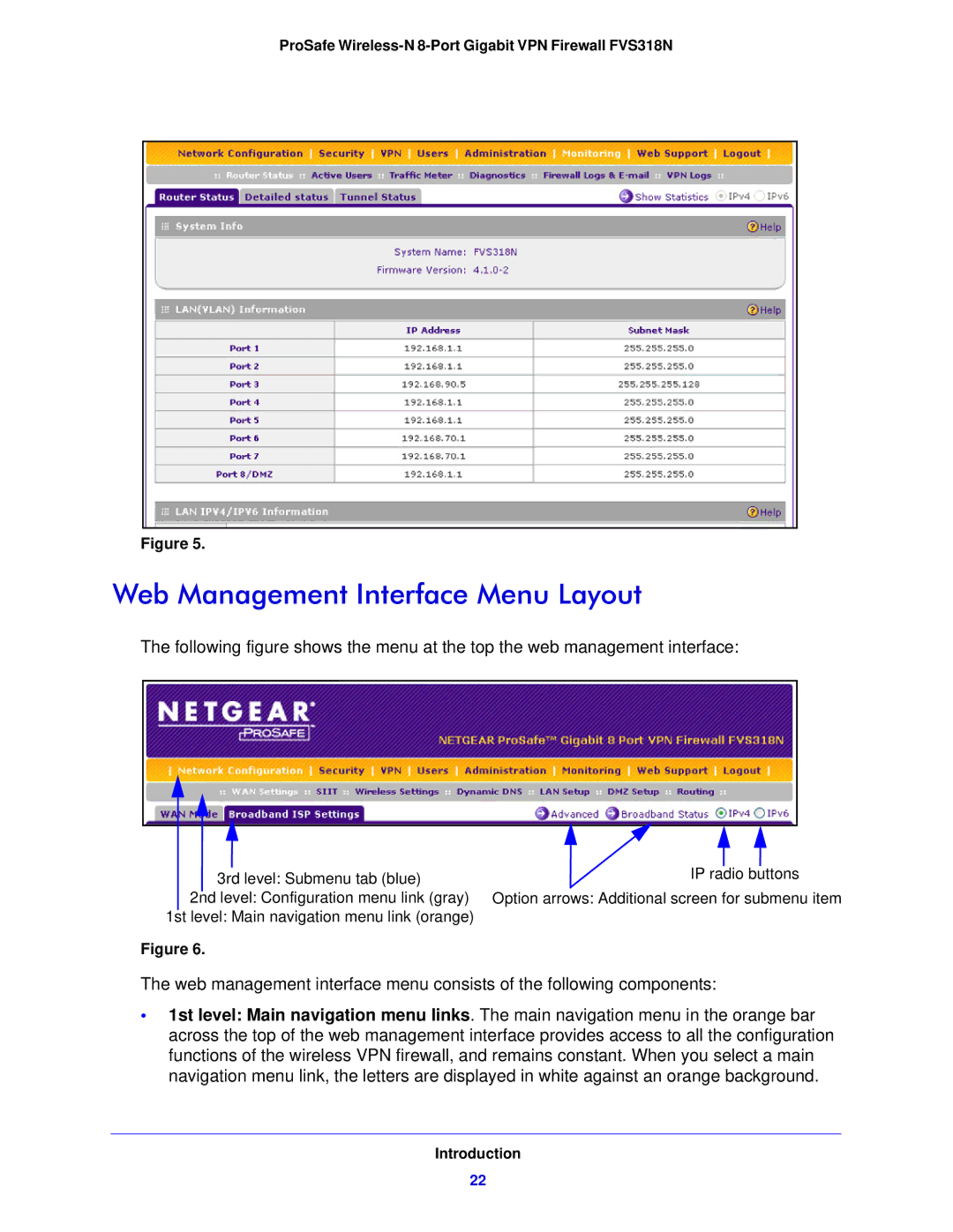 NETGEAR FVS318N manual Web Management Interface Menu Layout 