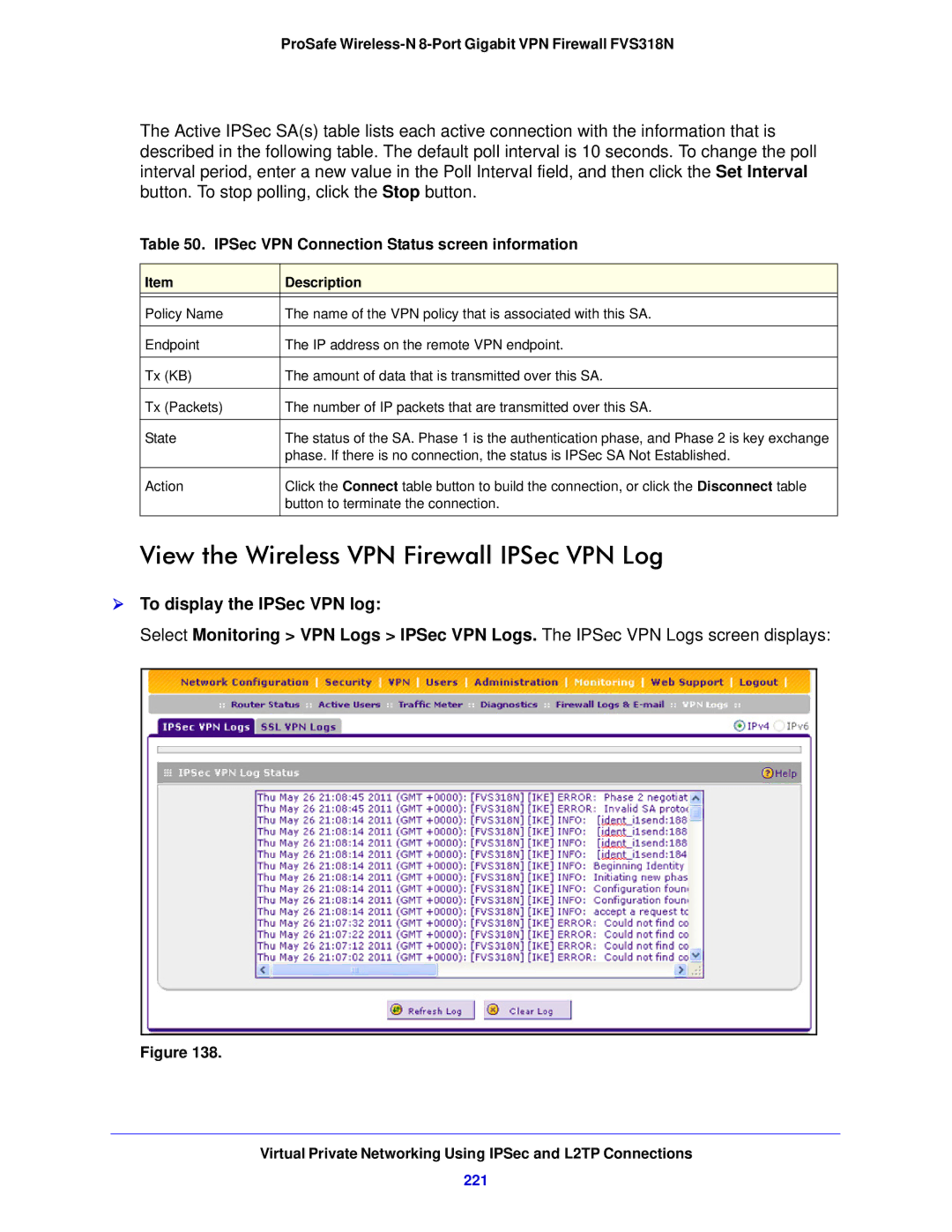 NETGEAR FVS318N manual View the Wireless VPN Firewall IPSec VPN Log,  To display the IPSec VPN log, 221 