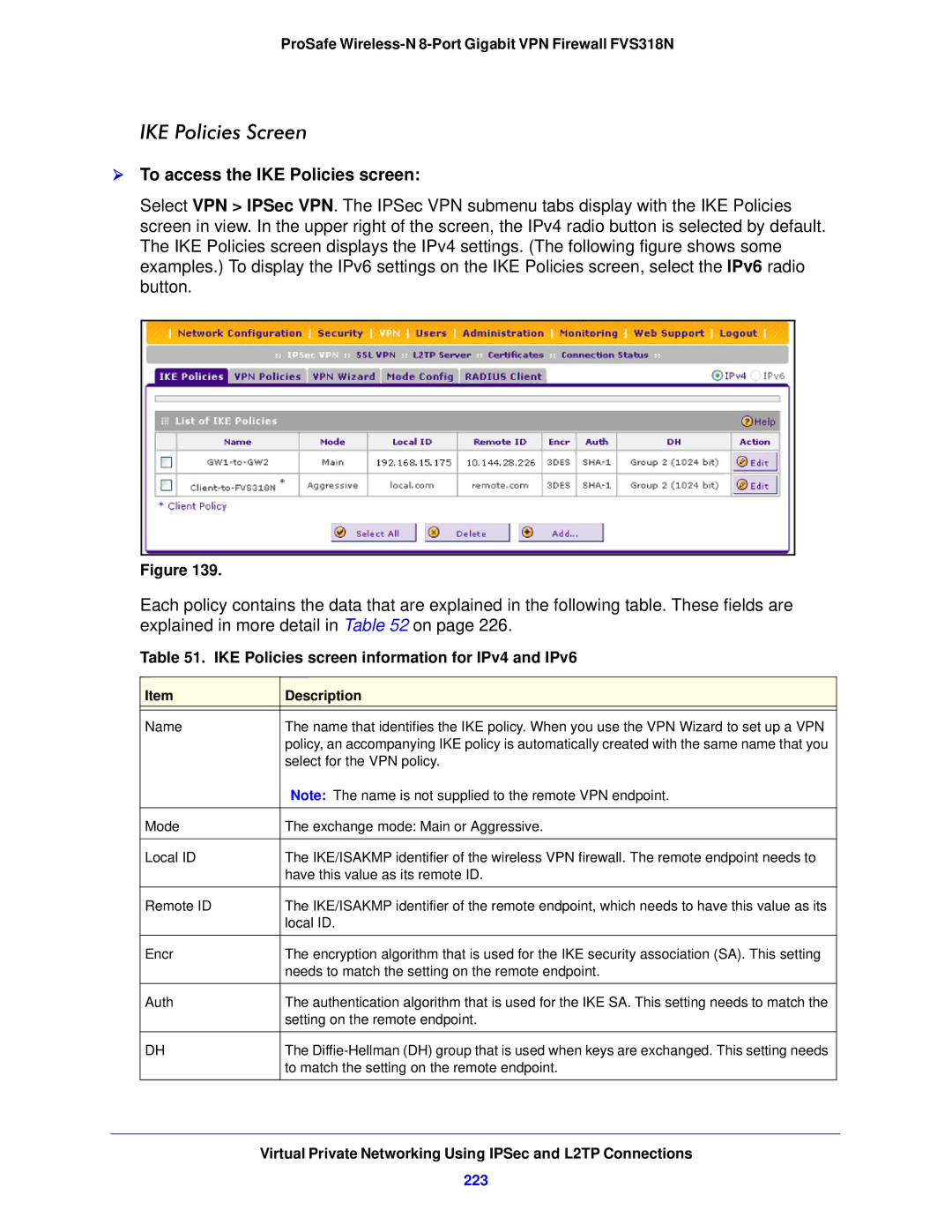 NETGEAR FVS318N manual IKE Policies Screen,  To access the IKE Policies screen, 223 