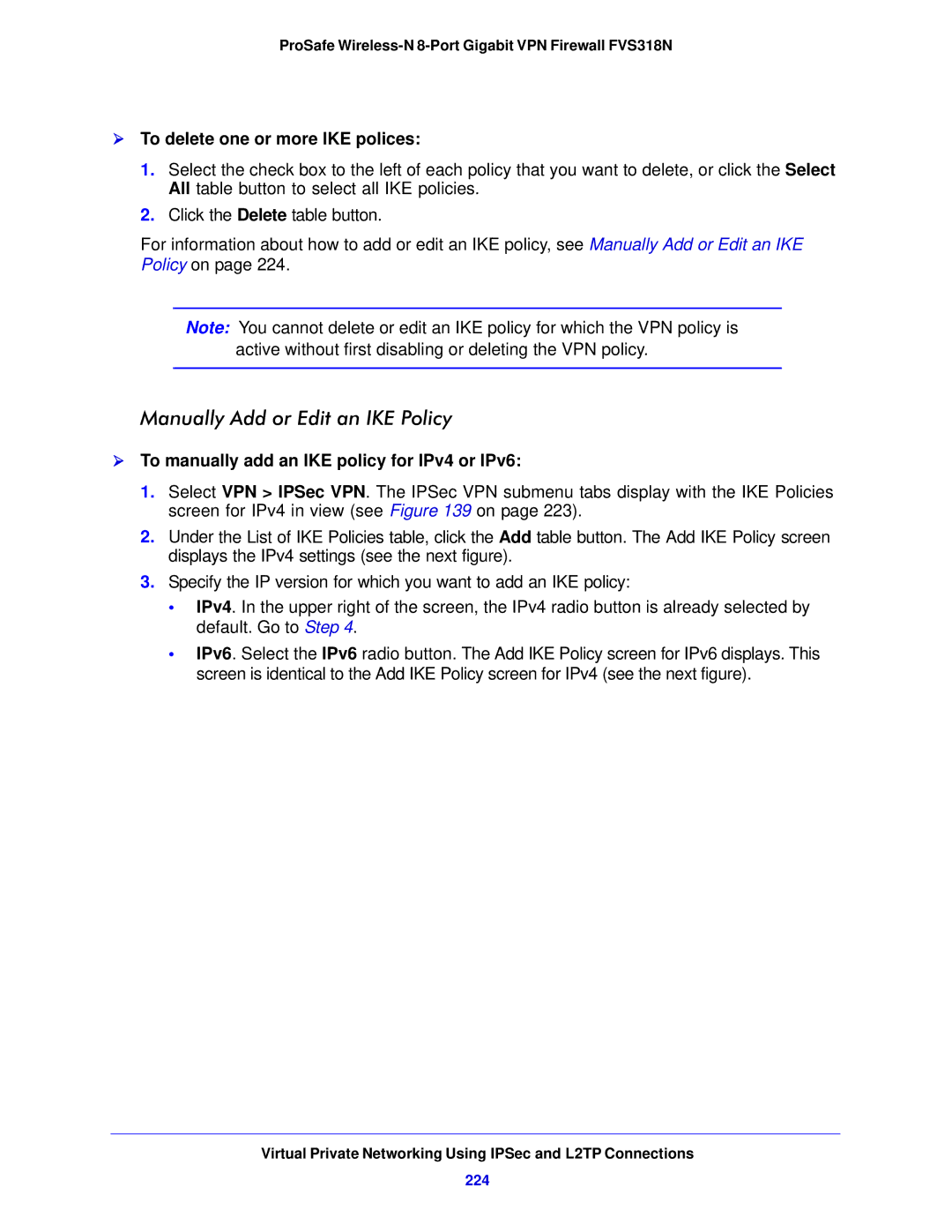 NETGEAR FVS318N manual Manually Add or Edit an IKE Policy,  To delete one or more IKE polices, 224 