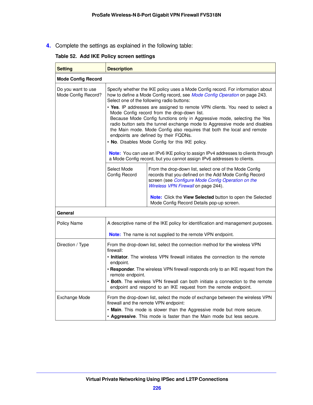 NETGEAR FVS318N manual Add IKE Policy screen settings, 226, Setting Description Mode Config Record, General 