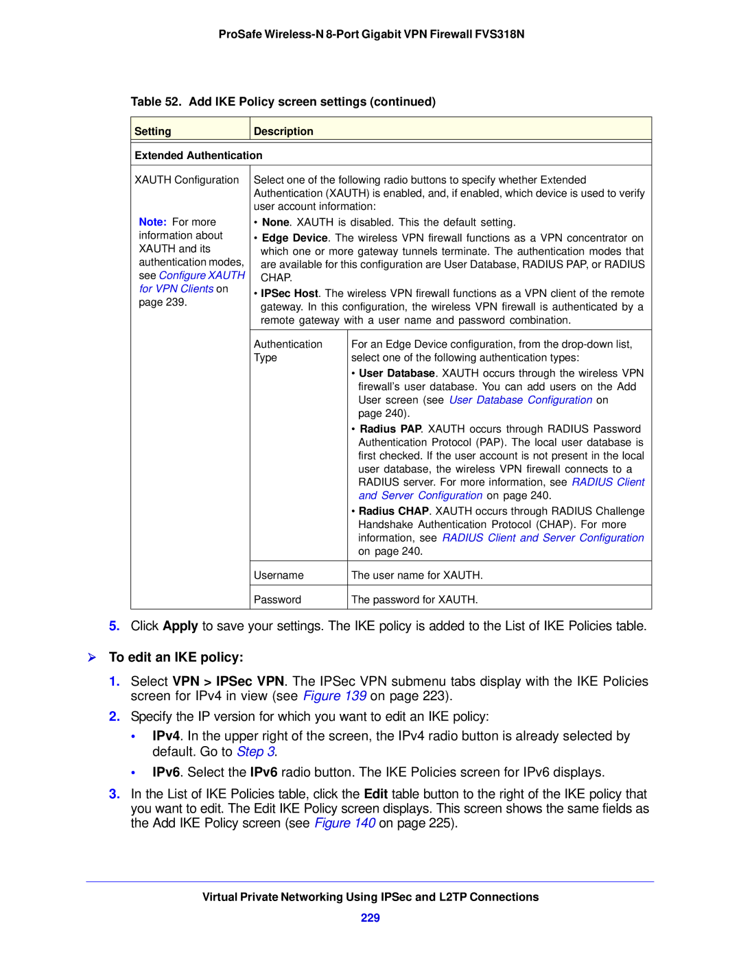 NETGEAR FVS318N manual  To edit an IKE policy, 229, Setting Description Extended Authentication 