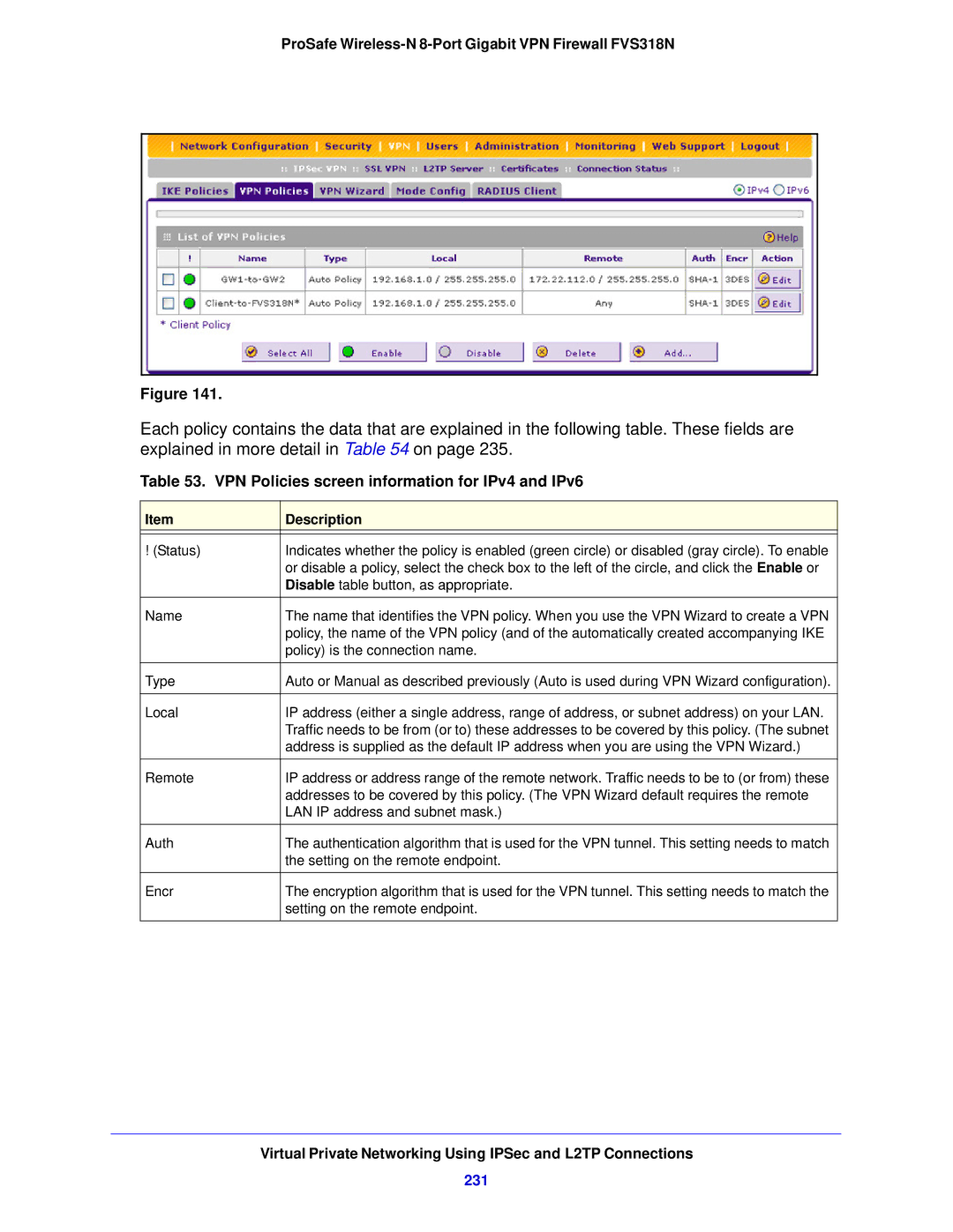 NETGEAR FVS318N manual VPN Policies screen information for IPv4 and IPv6, 231 