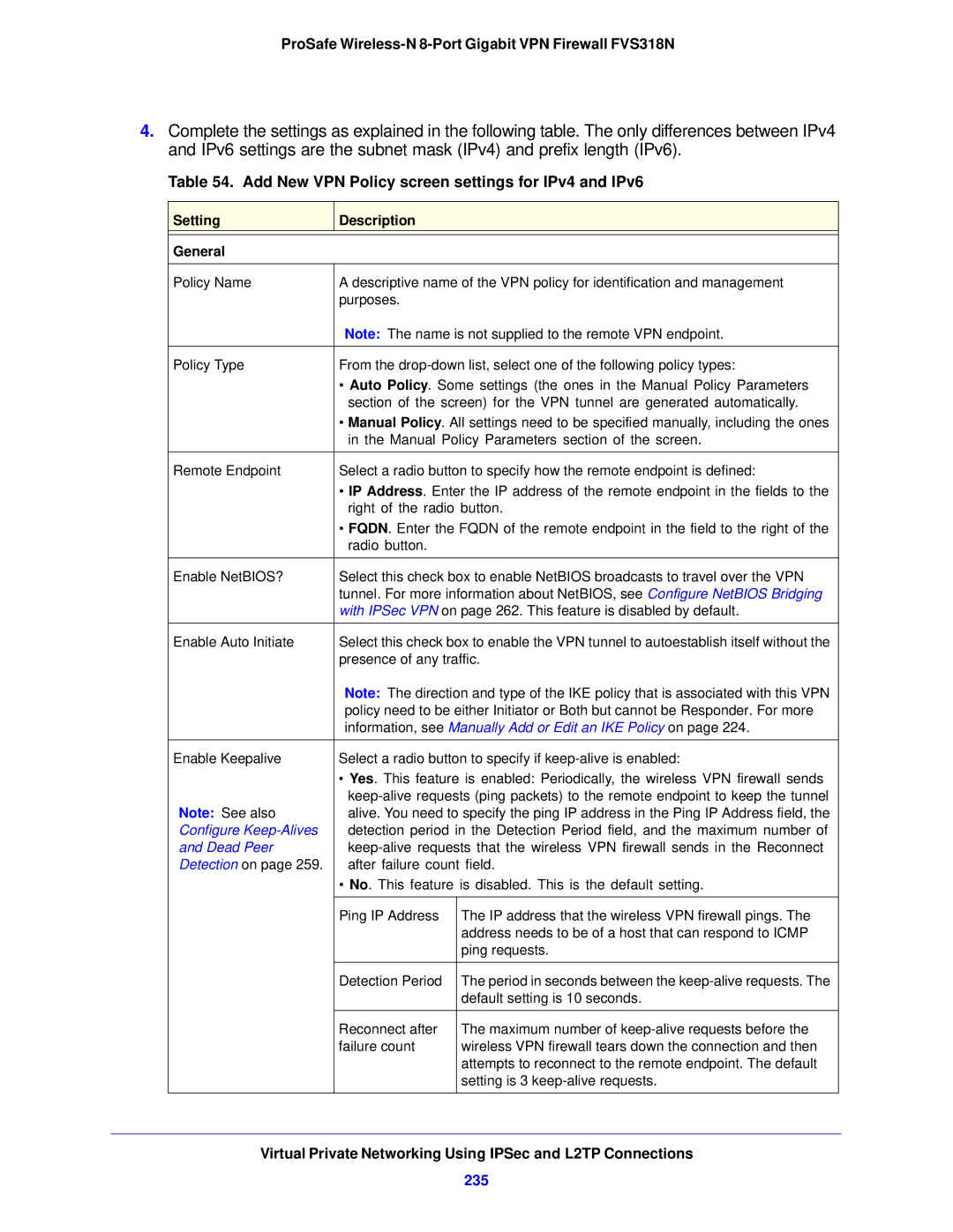 NETGEAR FVS318N manual Add New VPN Policy screen settings for IPv4 and IPv6, 235, Setting Description General 