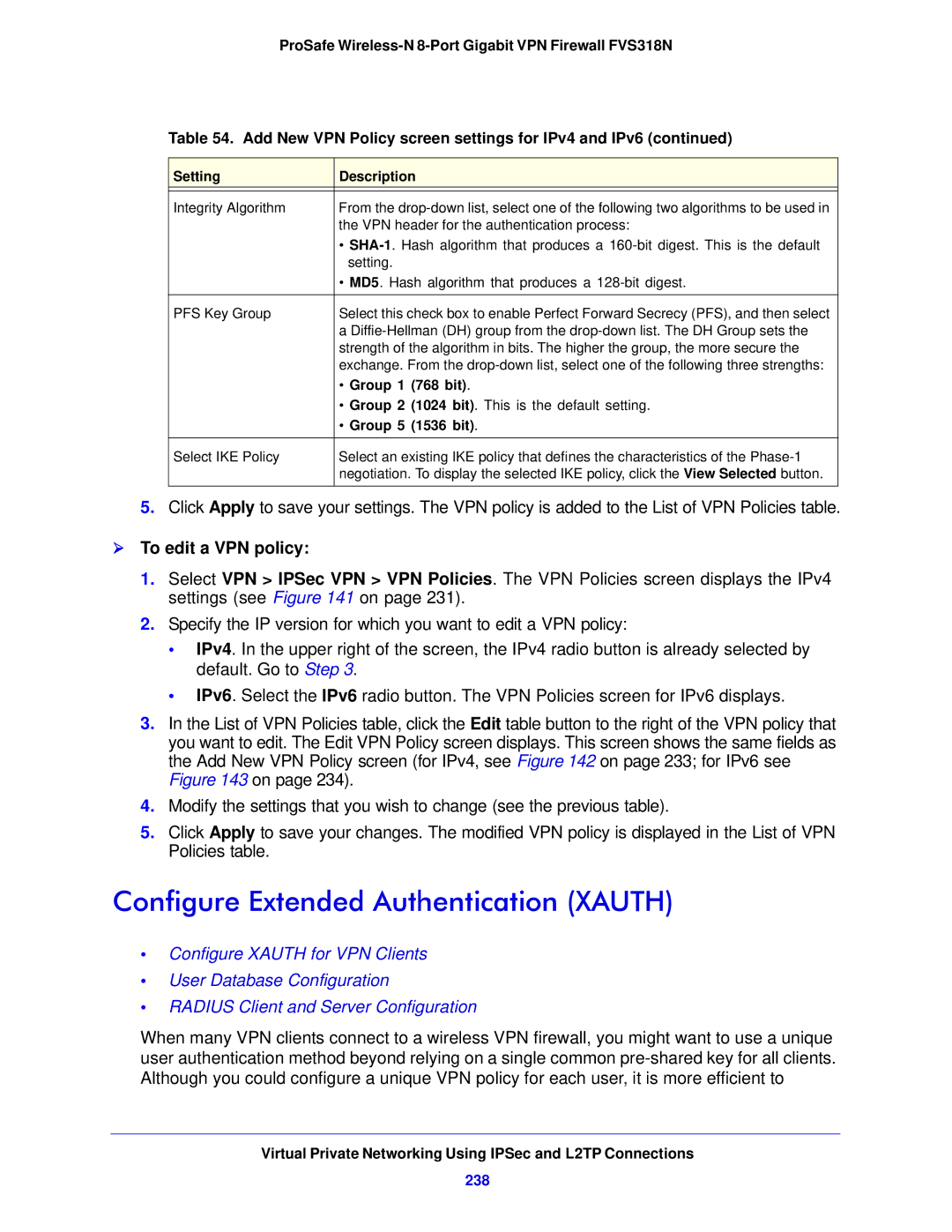 NETGEAR FVS318N manual Configure Extended Authentication Xauth,  To edit a VPN policy, 238 