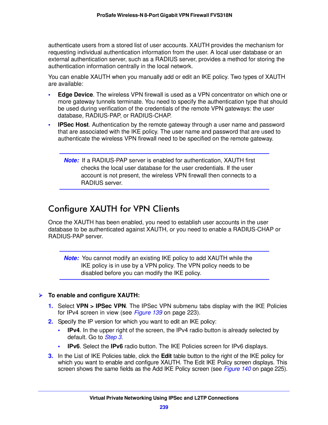 NETGEAR FVS318N manual Configure Xauth for VPN Clients,  To enable and configure Xauth, 239 