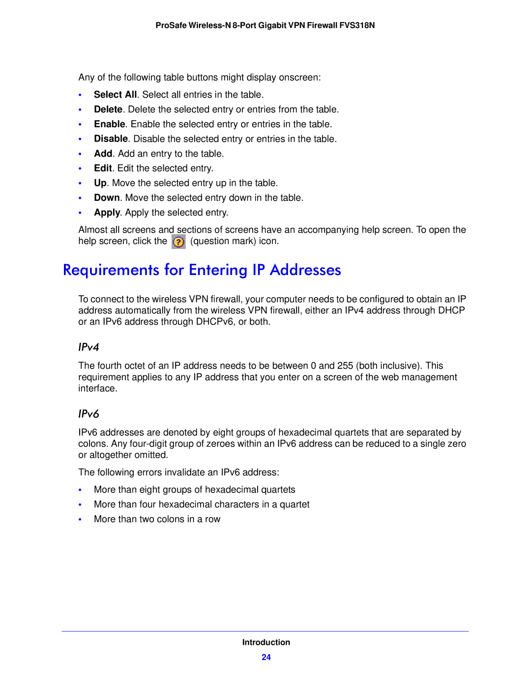 NETGEAR FVS318N manual Requirements for Entering IP Addresses, IPv4, IPv6 