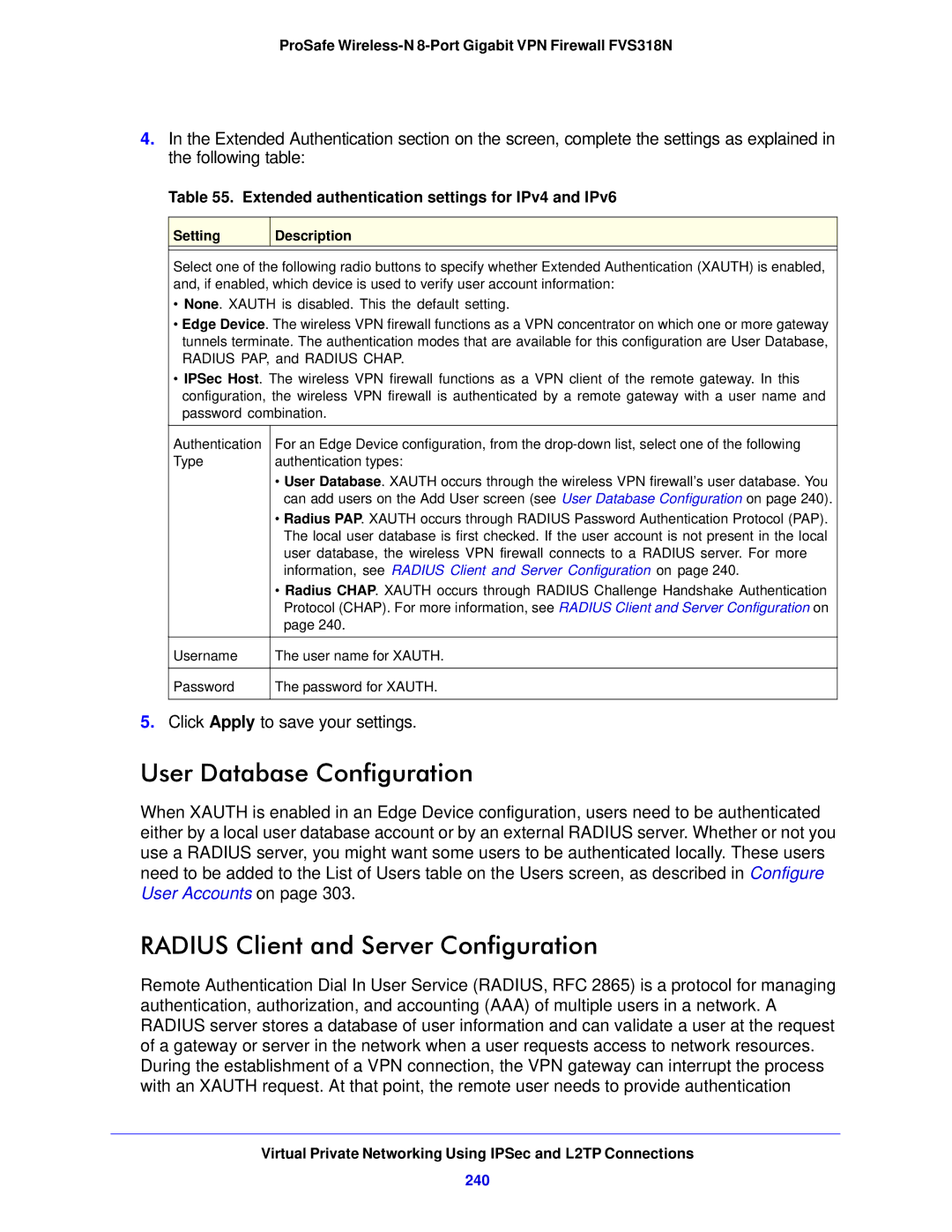 NETGEAR FVS318N manual User Database Configuration, Radius Client and Server Configuration, 240 